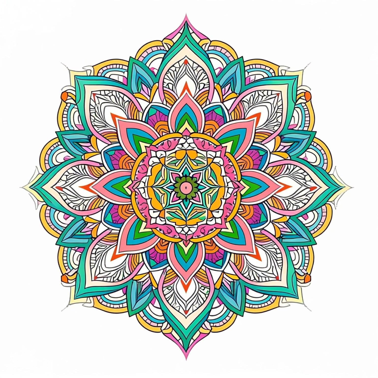 一個色彩繽紛、複雜的曼陀羅，帶有層疊花瓣和幾何圖案，從中央核心向外輻射。