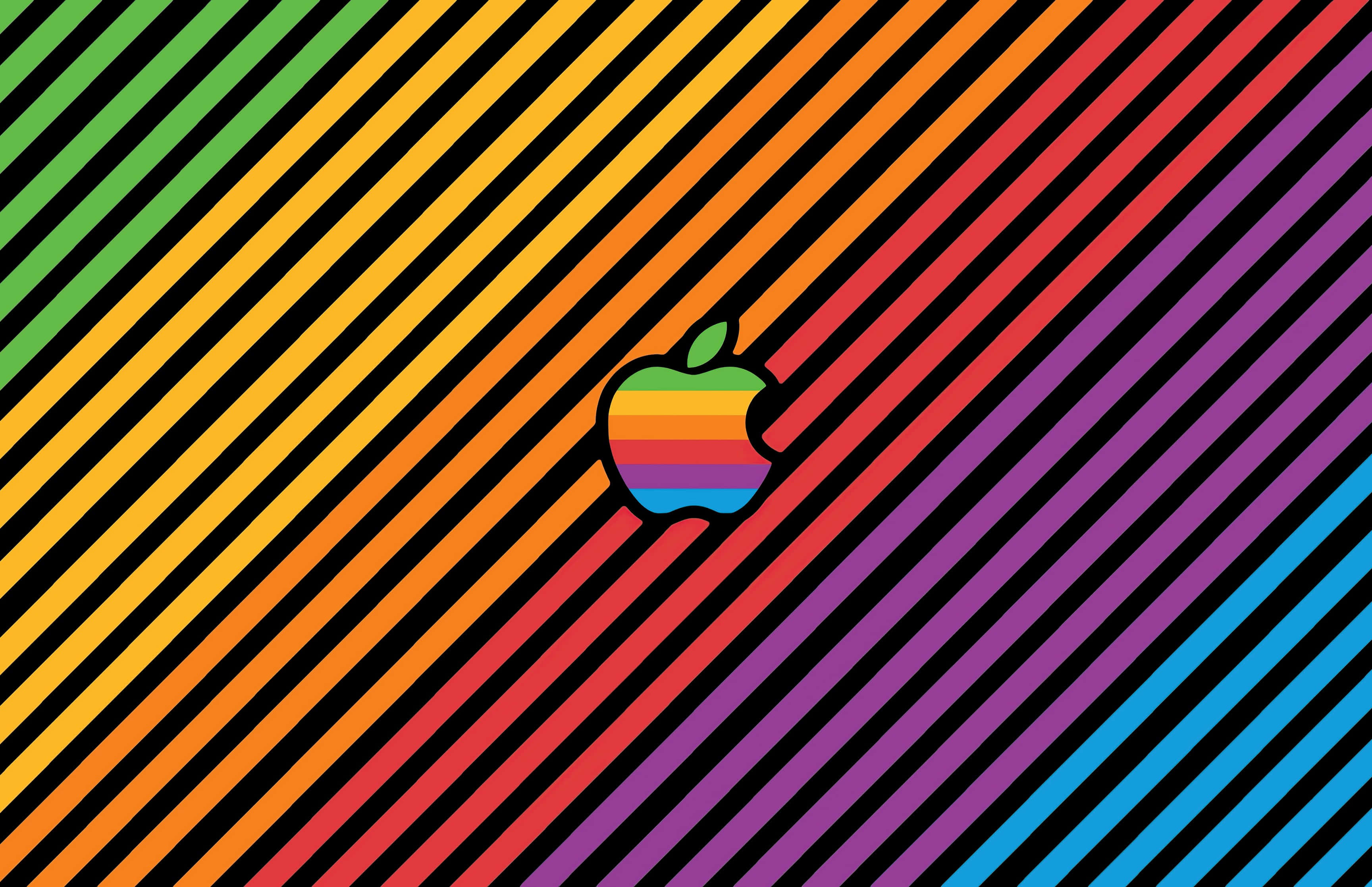 macbook pro 桌布 壁紙 — 彩虹條紋的Apple標誌居中於對角彩虹條紋背景上。
