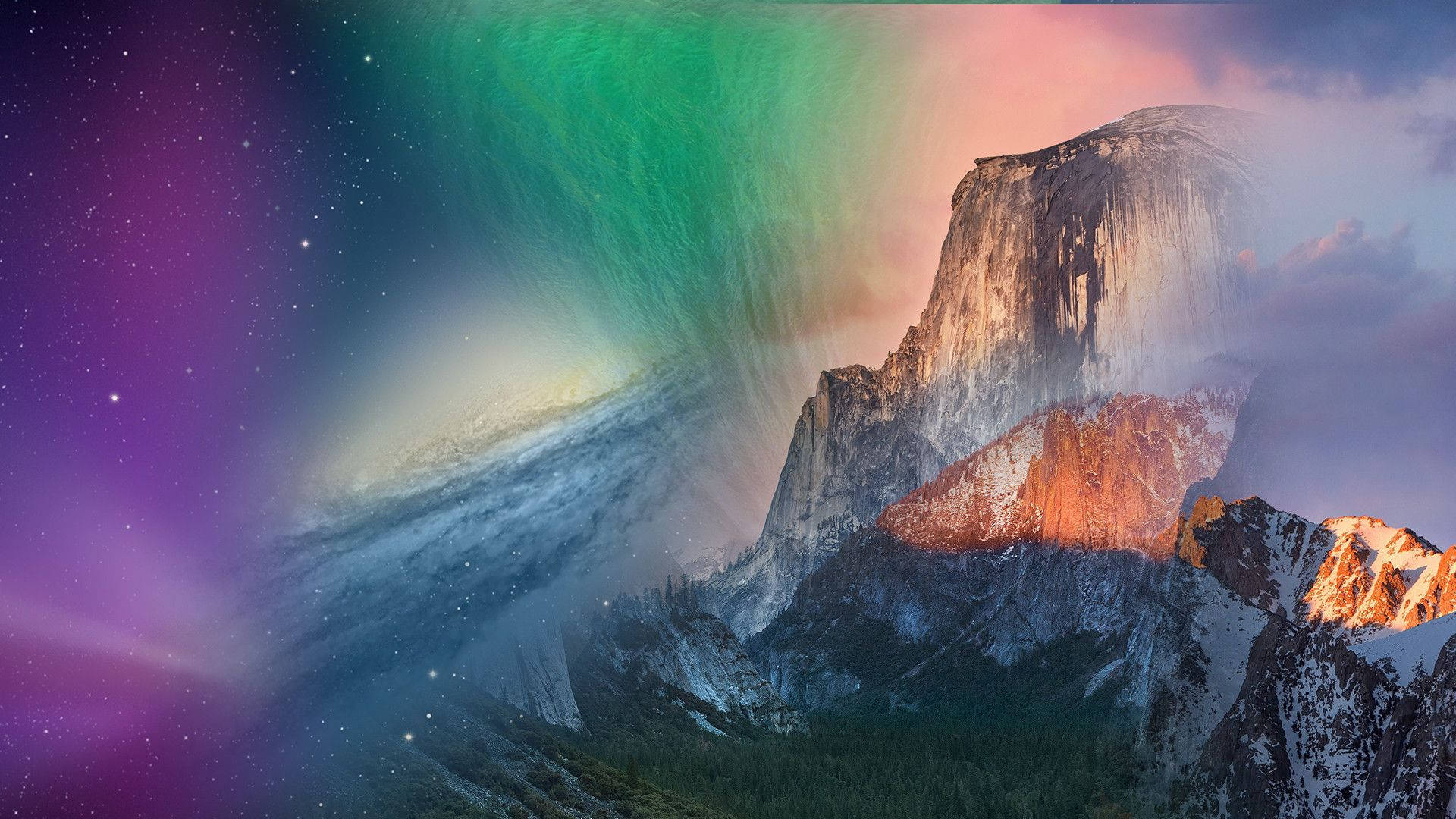 彩虹極光 macOS 壁紙 — 雄偉的山峰沐浴在金色的日落光芒中，絢麗的綠色和紫色極光在繁星點點的夜空上盤旋。