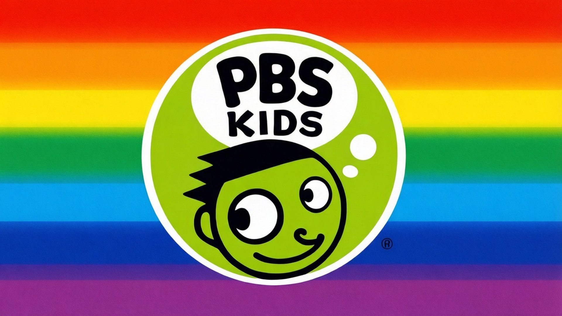 PBS Kids 標誌，特色是一個微笑的綠色卡通小孩在彩虹背景上