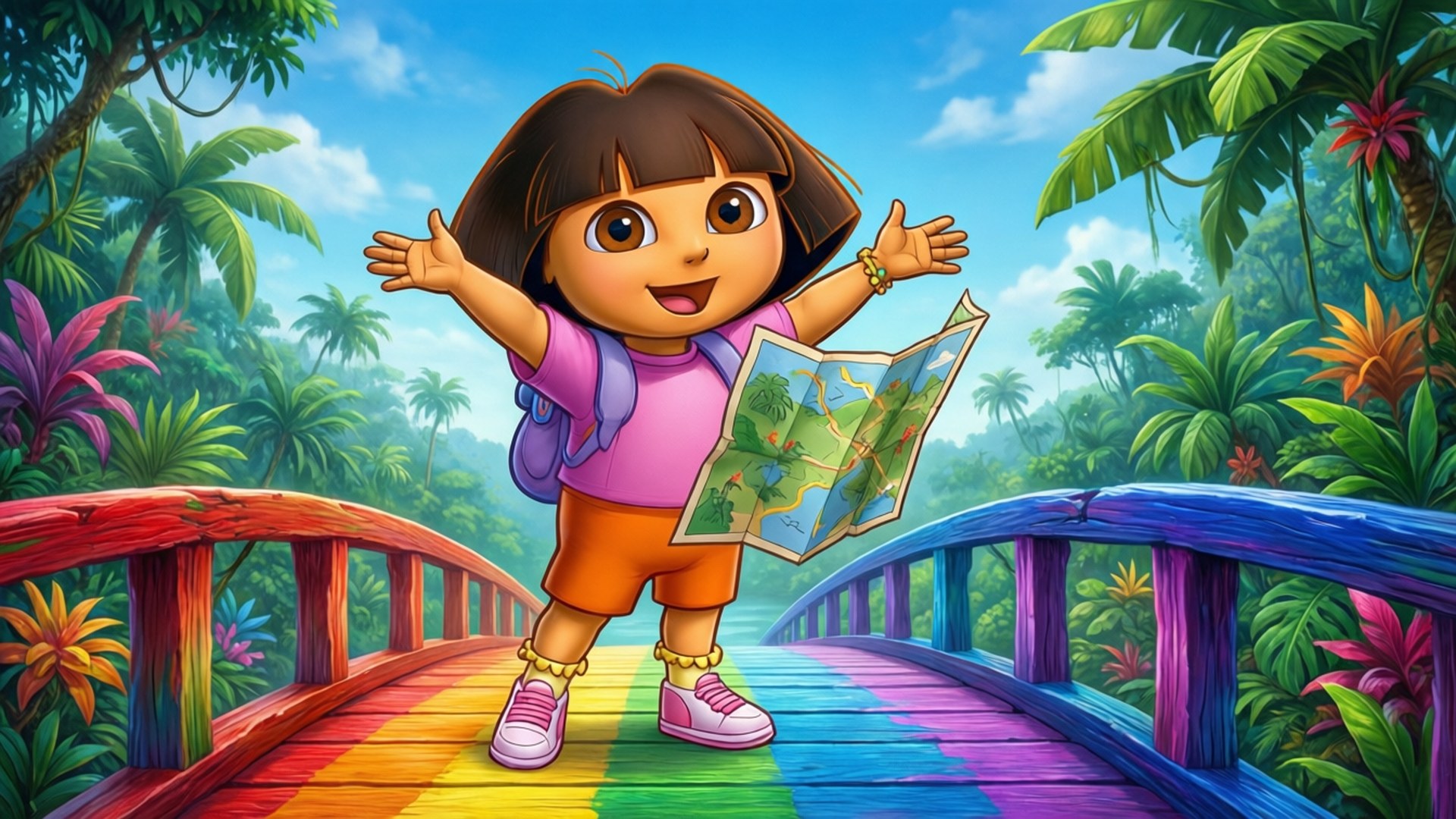 Dora the Explorer 在叢林中的彩虹橋上手持地圖