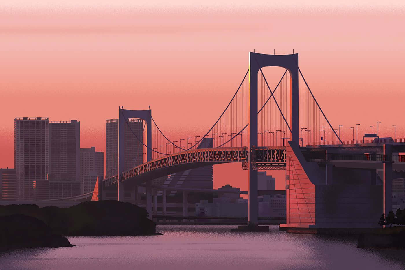 彩虹橋的雄偉拱形 壁紙 — 東京彩虹橋在鮮豔粉紅色日落映照下，於水面上呈現剪影，背景是城市建築。