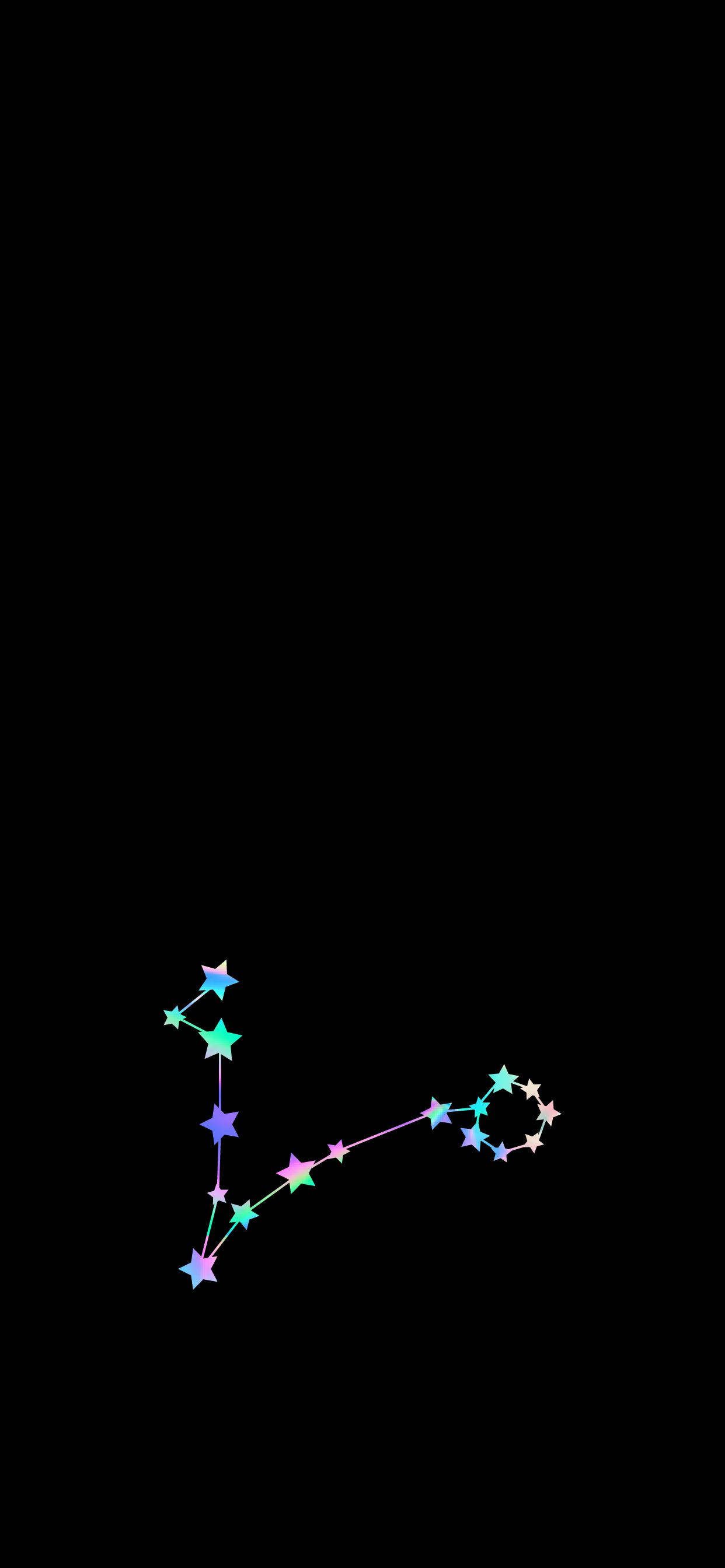 彩虹水瓶座星座 壁紙 — 一個充滿活力的彩虹色星座輪廓在深黑色背景上發光。