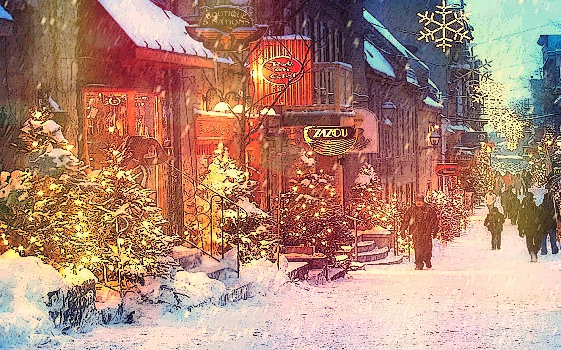 白雪覆蓋的城市街道，閃亮的商店櫥窗，行人走在節日燈光下。