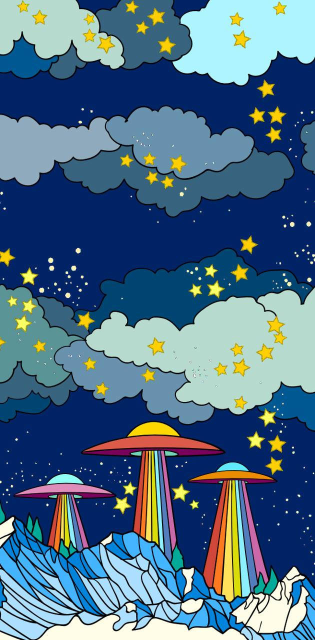 三架發出彩虹的UFO在星空夜空下盤旋於積雪的山峰之上。