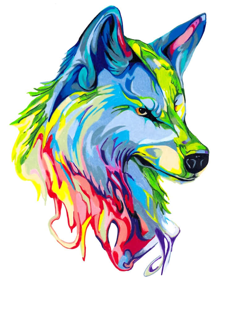 色彩繽紛的抽象狼頭插圖，帶有流動的油漆般色彩。