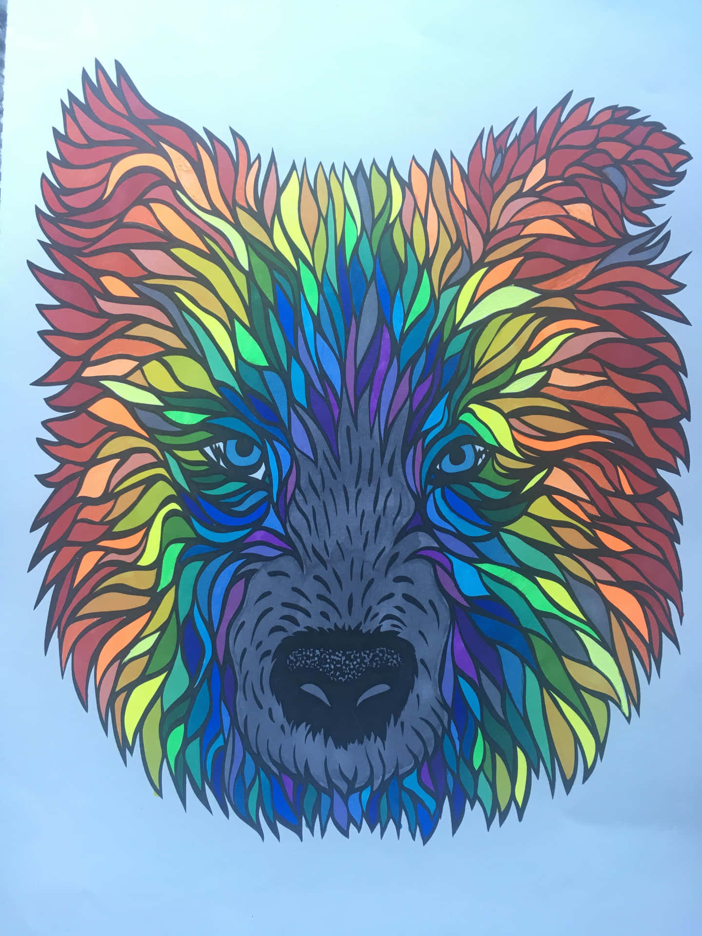 一個色彩繽紛的熊頭插圖，帶有彩虹毛皮和藍色眼睛。