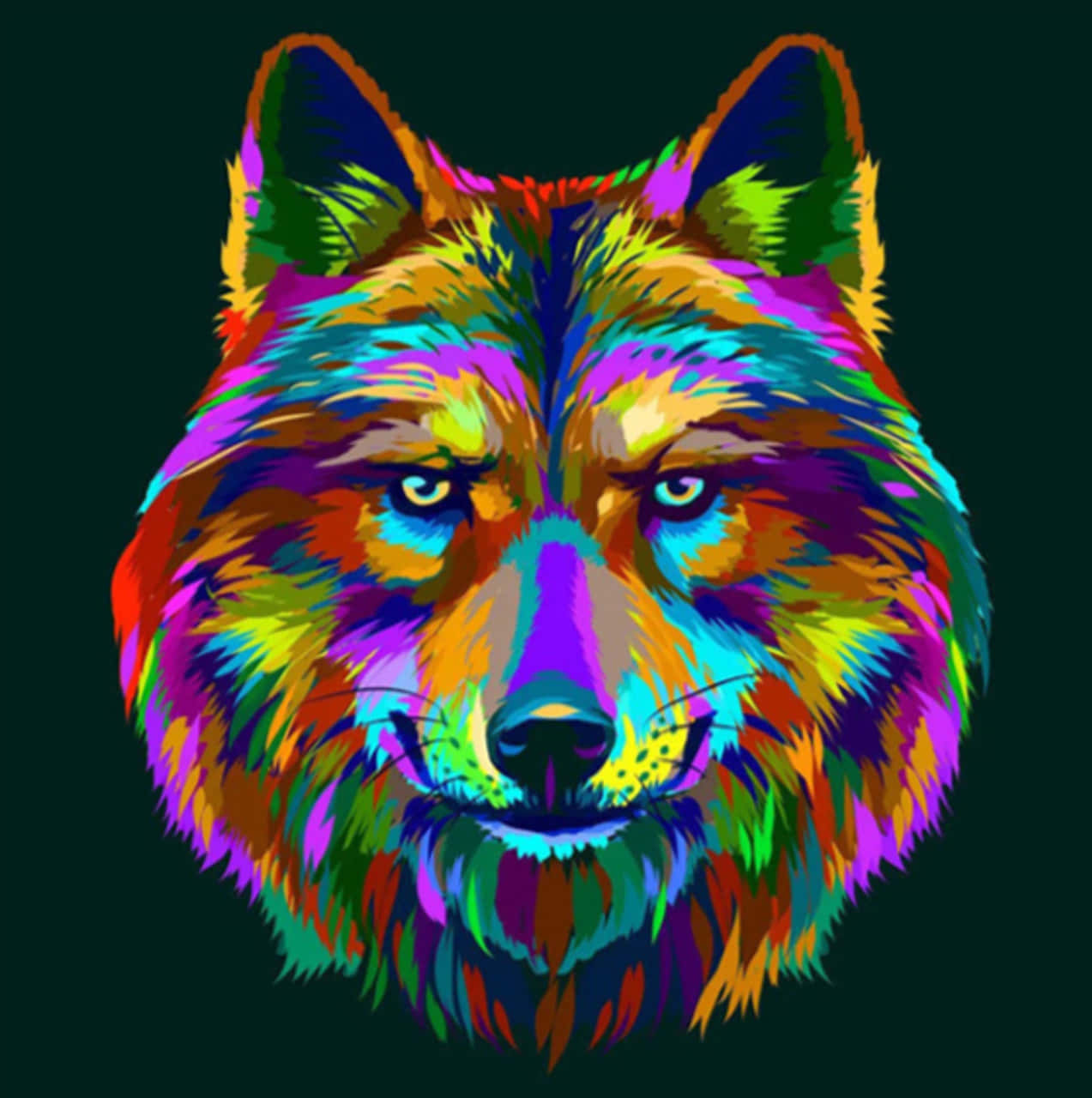 一個風格化的狼，帶有多色毛髮和發光的眼睛，背景為深色。