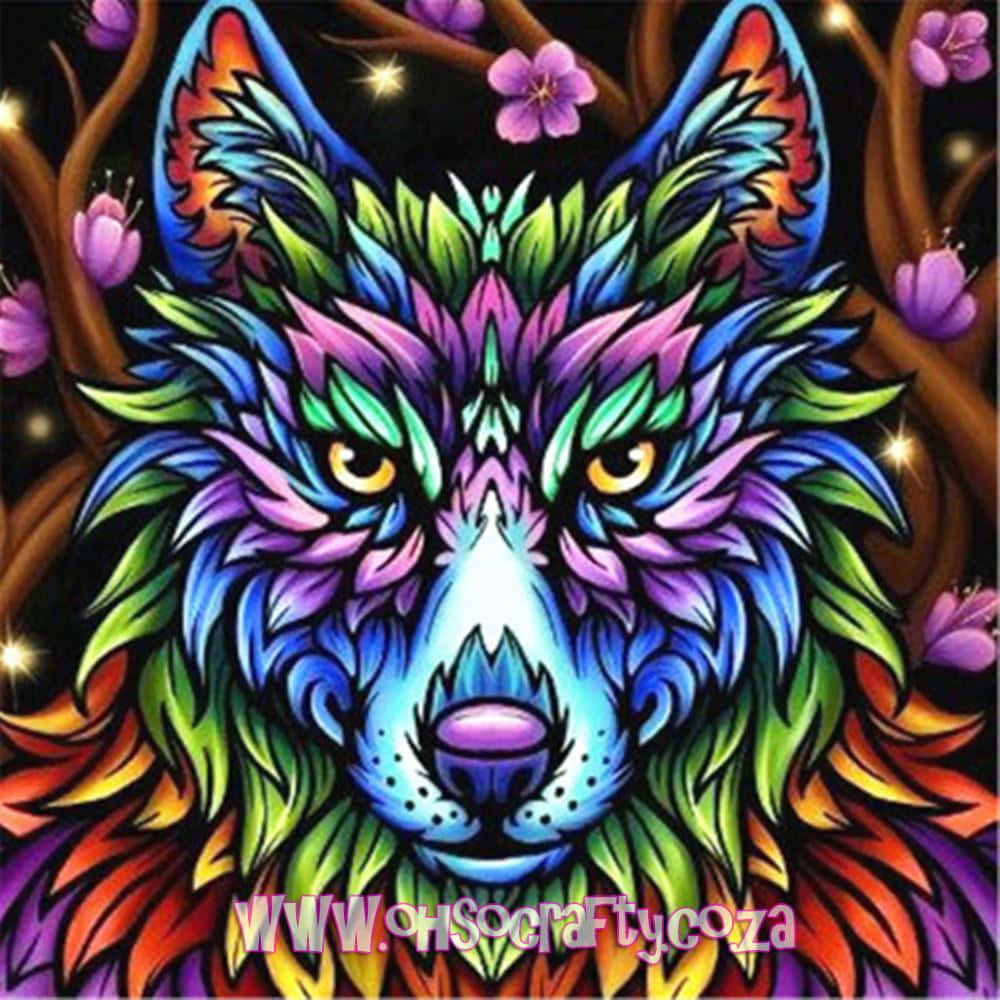 色彩繽紛的狼臉，帶有發光的眼睛和紫色花朵，背景是星空。