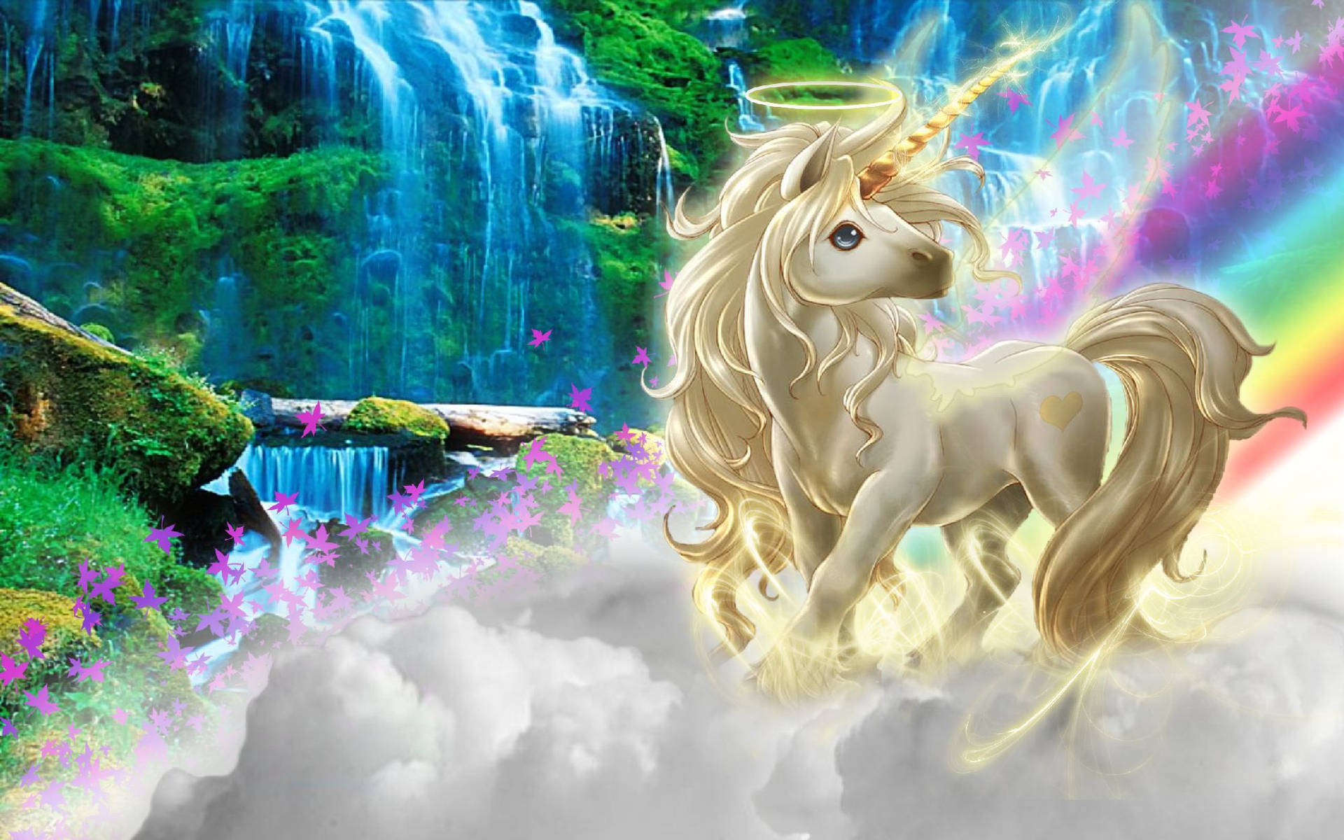 一頭發光的獨角獸站在魔法森林中瀑布附近的雲端上，伴隨著彩虹光。