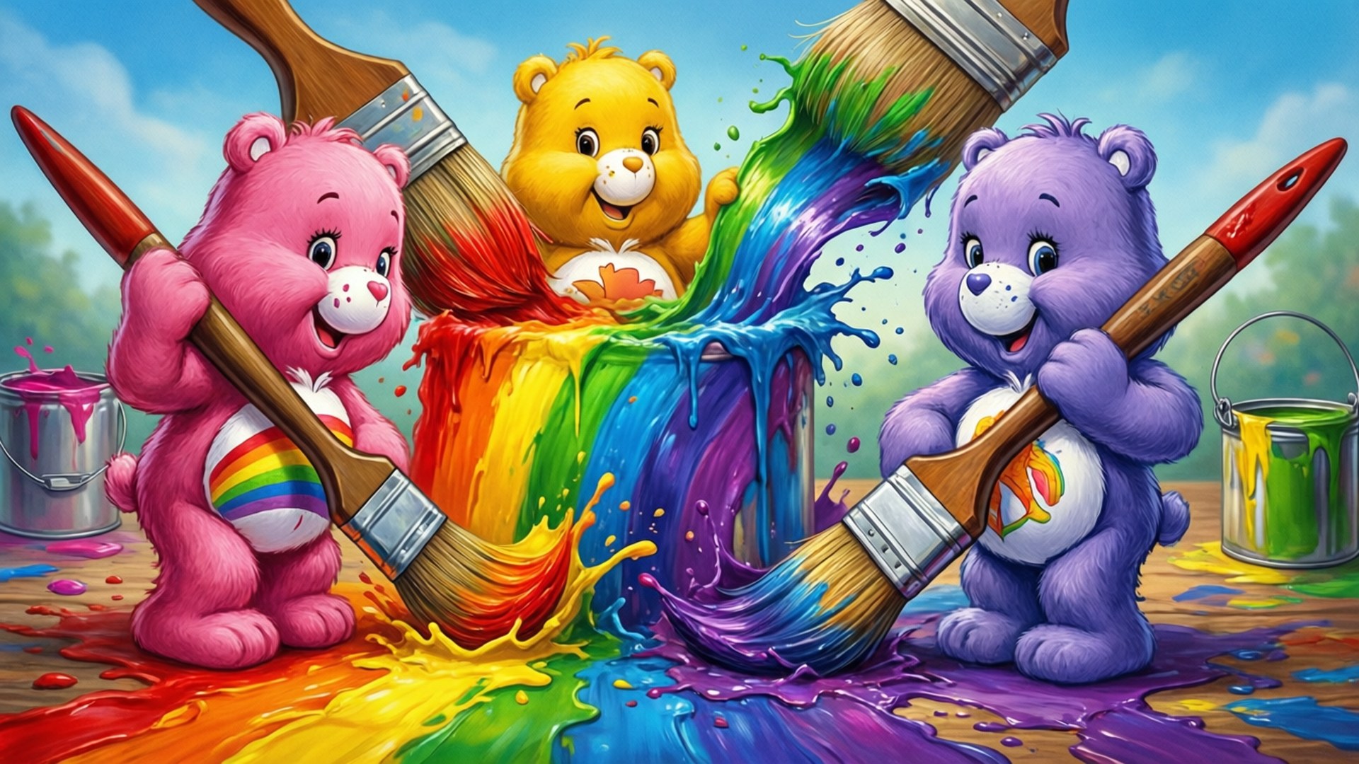 三隻Care Bears在木地板上用大畫筆畫彩虹