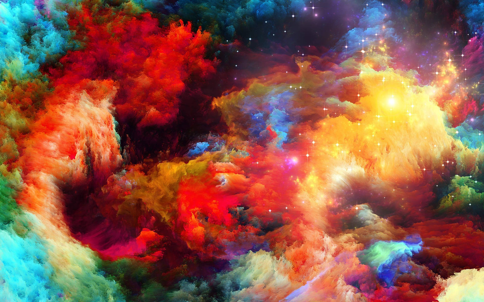 色彩繽紛的宇宙星雲，帶有發光的星星和旋轉的雲層。