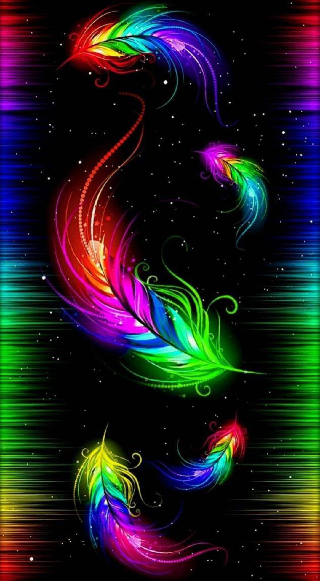 彩虹羽毛霓虹手機壁紙 壁紙 — 充滿活力的霓虹羽毛在星光閃爍的黑色背景上旋轉，並由發光的垂直條紋框住。