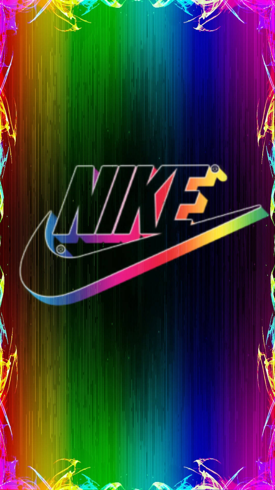 故障風格的Nike標誌在彩虹漸變背景上，帶有電光霓虹邊框。