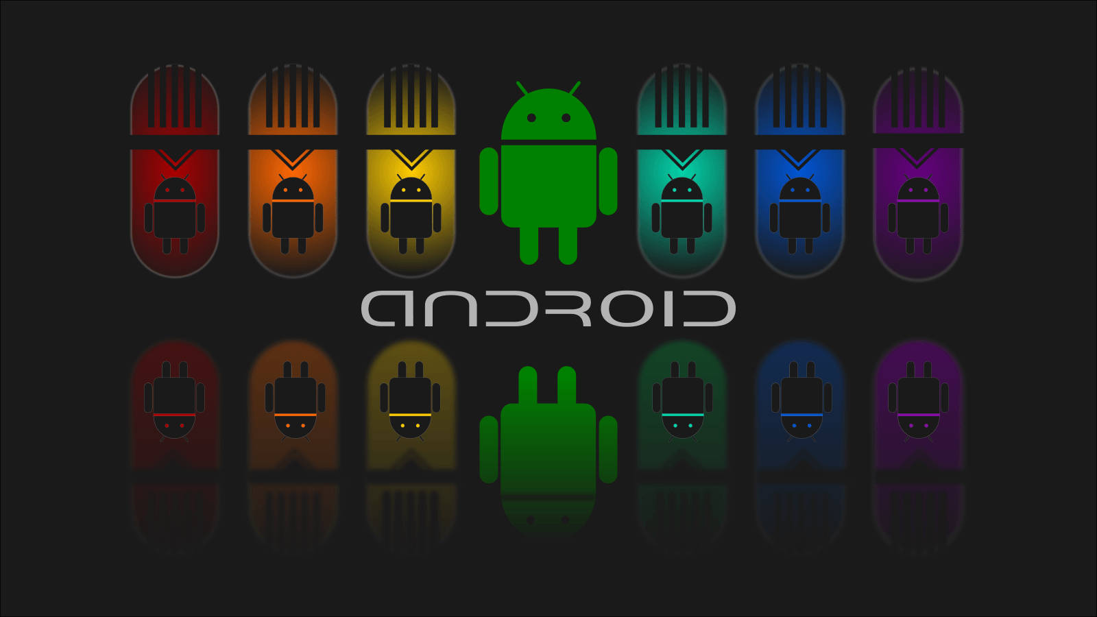 Android機械人標誌，在黑暗背景上帶有發光的彩色圖標