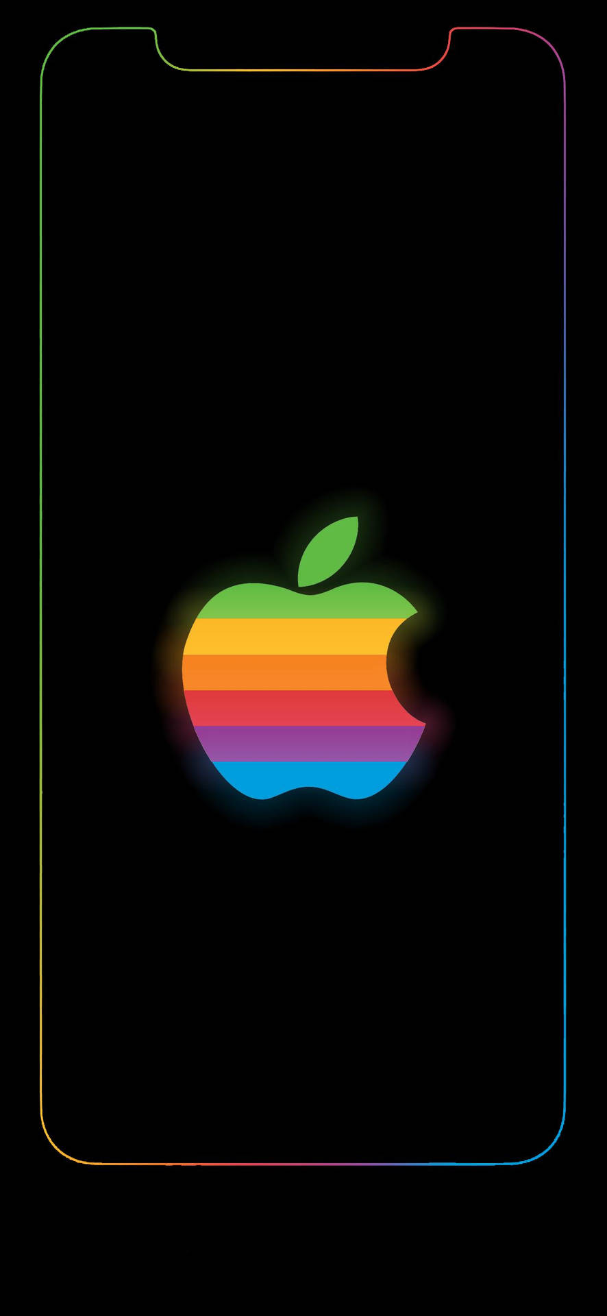彩虹Apple標誌在黑色手機屏幕上發光，帶有霓虹邊框。