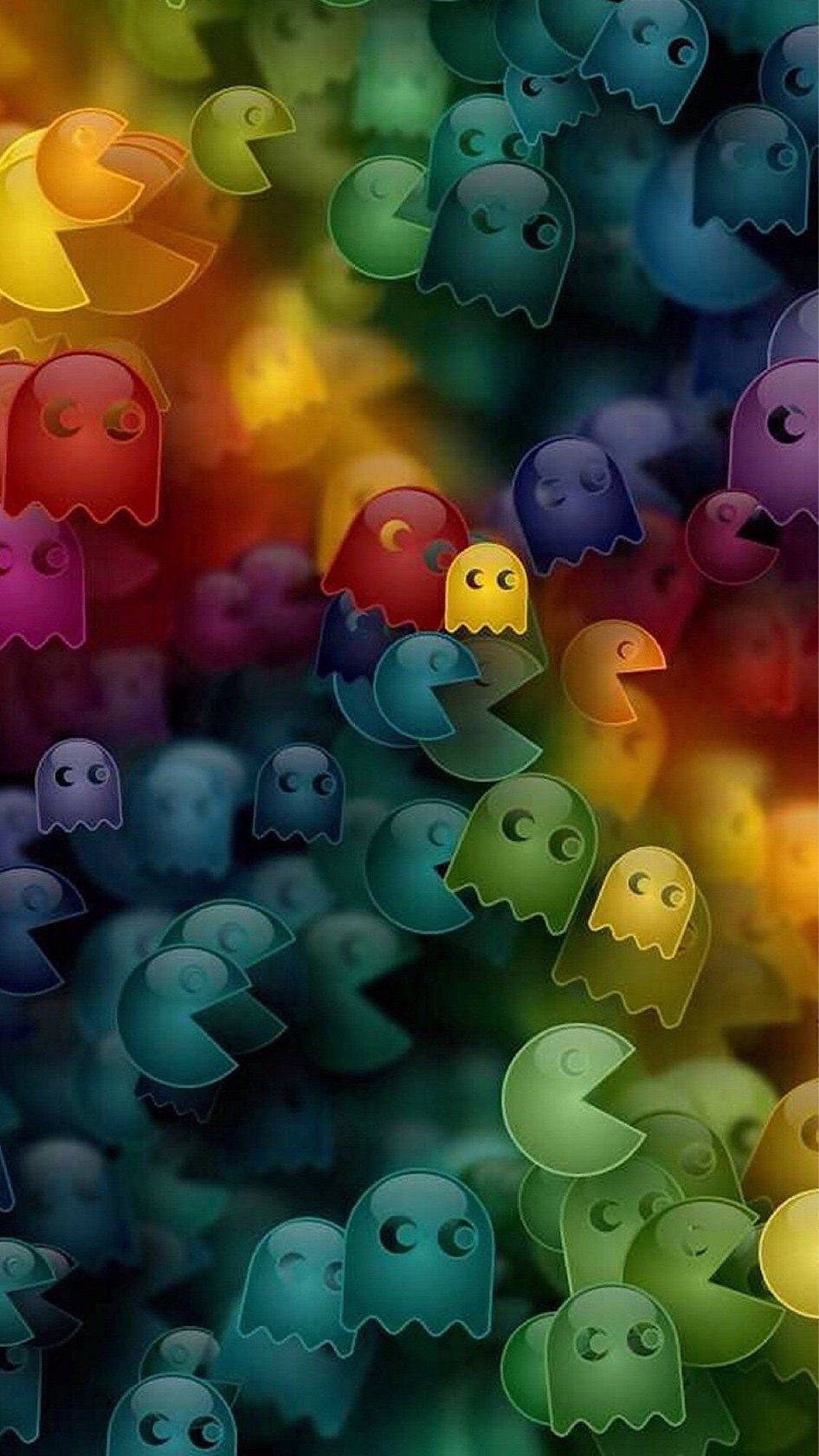 色彩繽紛的 Pac-Man 鬼魂漂浮在發光背景中。