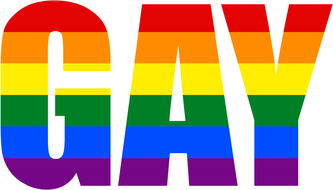 彩虹色同志文字 壁紙 — 粗體黑色字母拼寫GAY，充滿鮮豔的彩虹條紋，背景為純黑色。