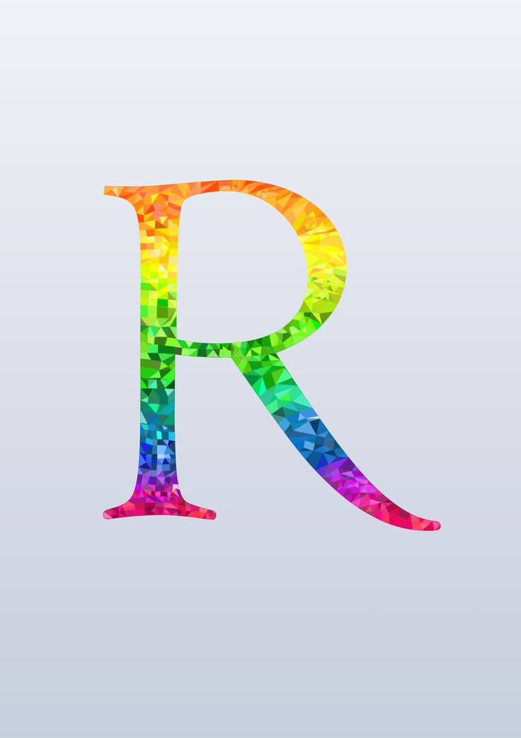 彩虹色字母R 壁紙 — 一個充滿活力的彩虹色字母R，由幾何切面組成，背景為柔和漸變色。