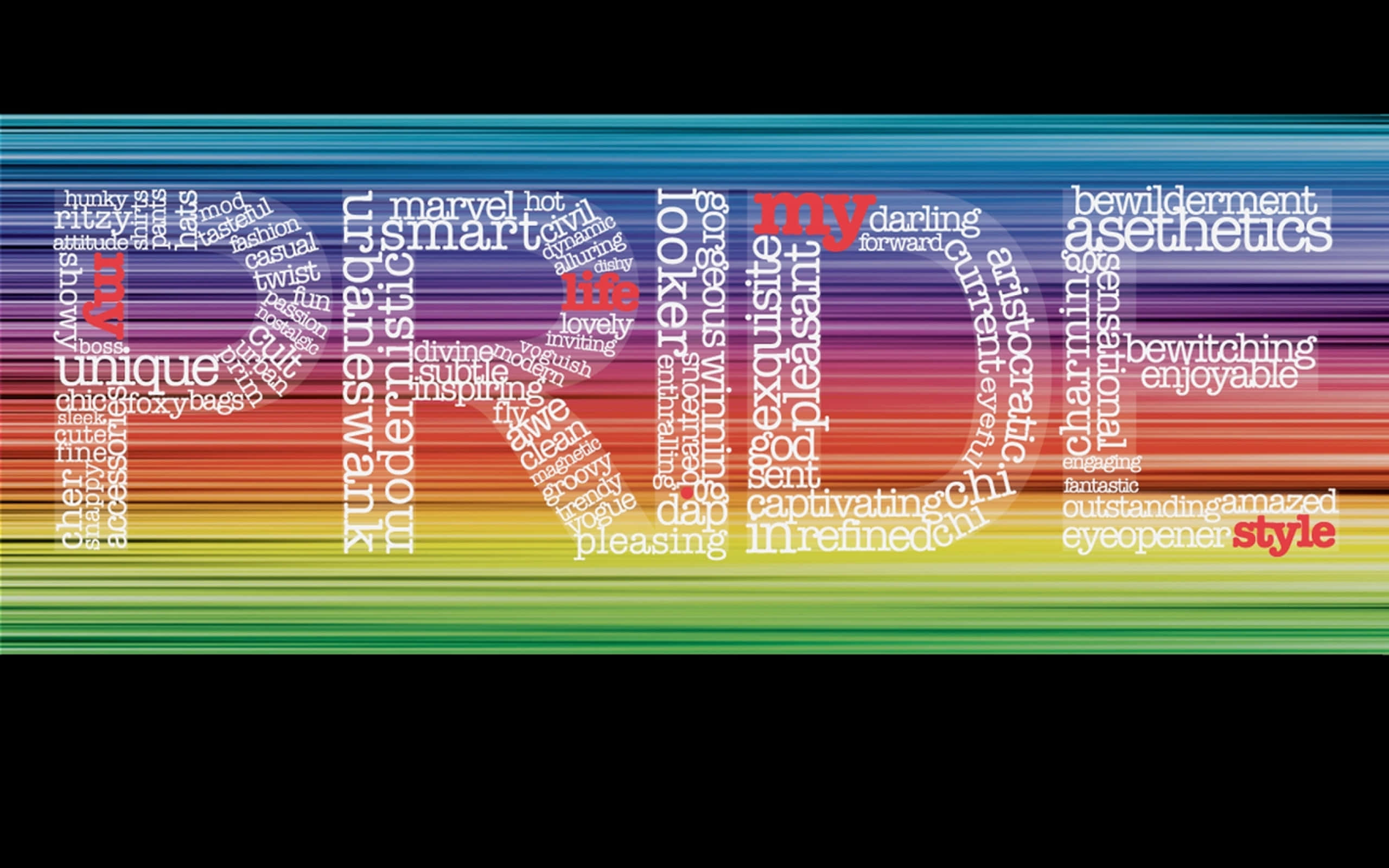 彩虹色字體「Pride」驕傲桌面壁紙 壁紙 — 充滿活力的彩虹漸變背景，重疊的詞語如「gorgeous」「inspiring」和「style」形成風格化的文字雲。