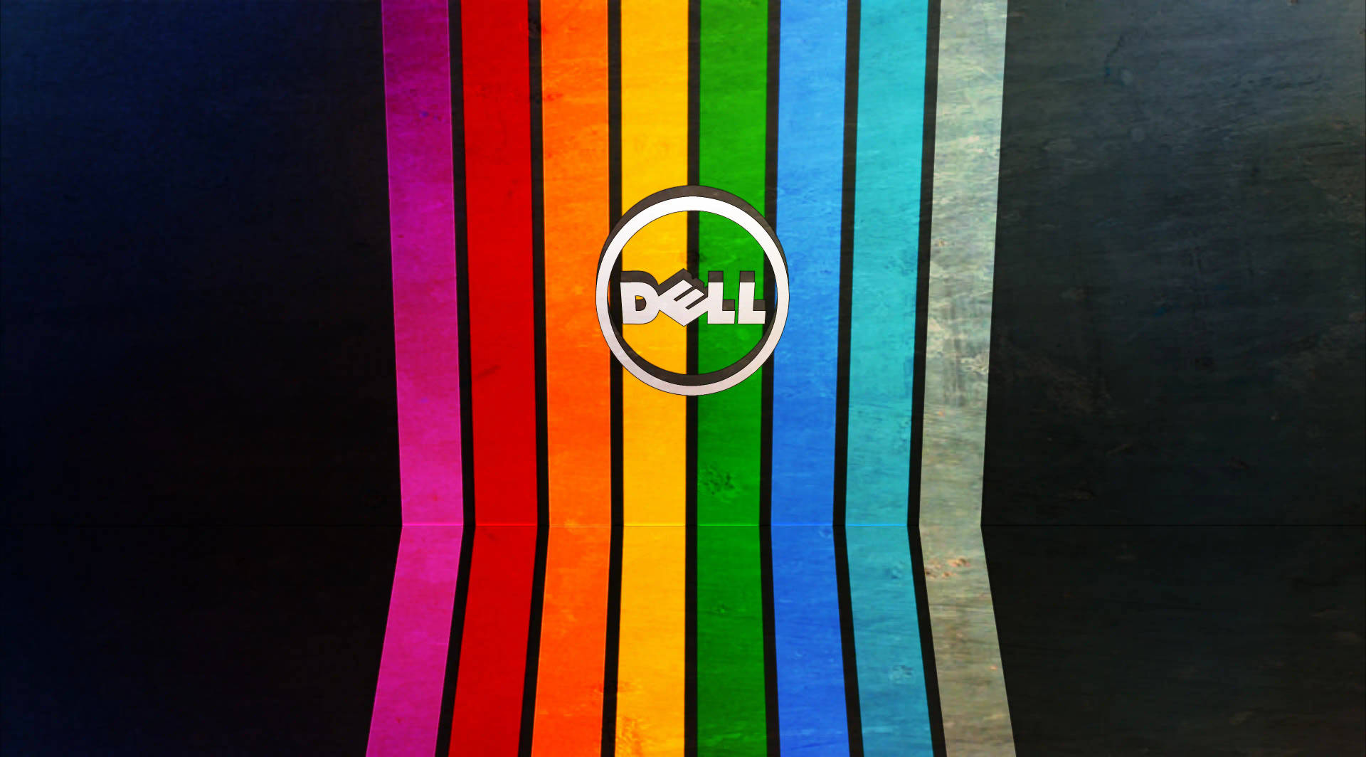 Dell 標誌居中喺彩色垂直條紋上，背景深色