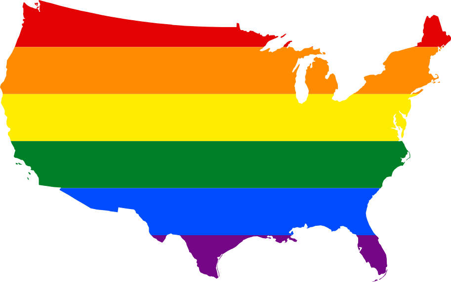 彩虹色美國地圖 壁紙 — 一個大膽的美國輪廓，充滿了代表 LGBTQ+ 驕傲的鮮豔彩虹條紋。