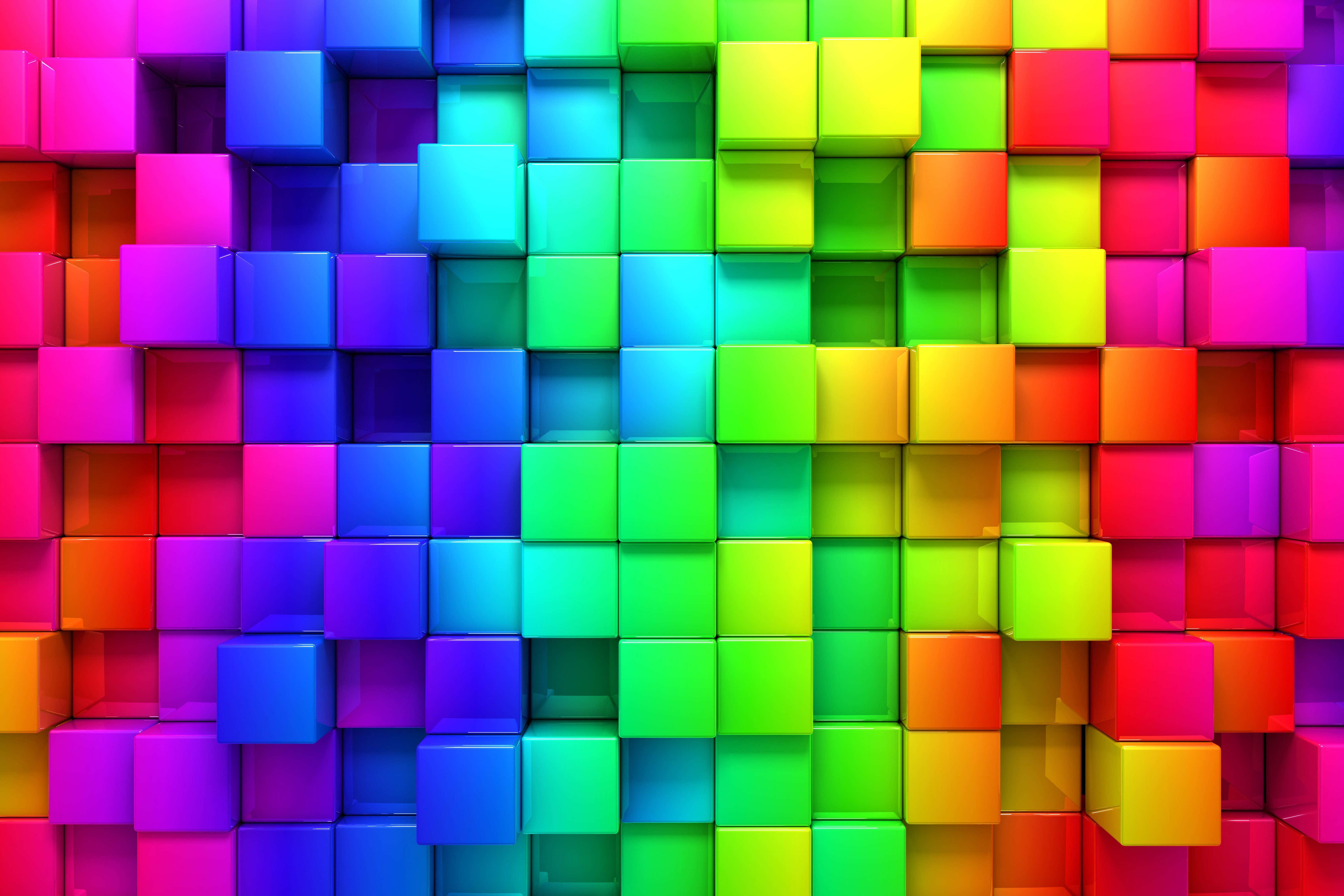colors 桌布 壁紙 — 彩虹色調的鮮豔光澤立方體形成動態幾何牆，光影變幻。