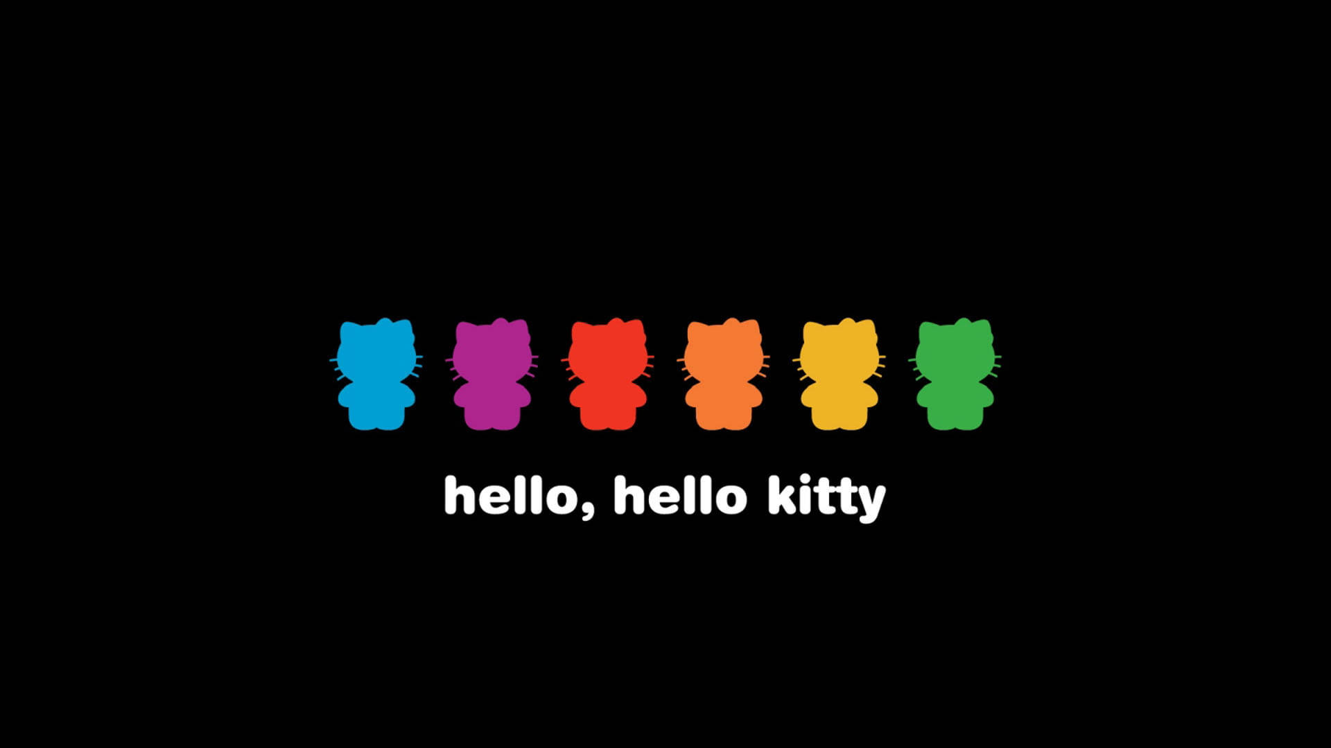 六個彩虹色的Hello Kitty剪影，下方有文字，黑色背景。