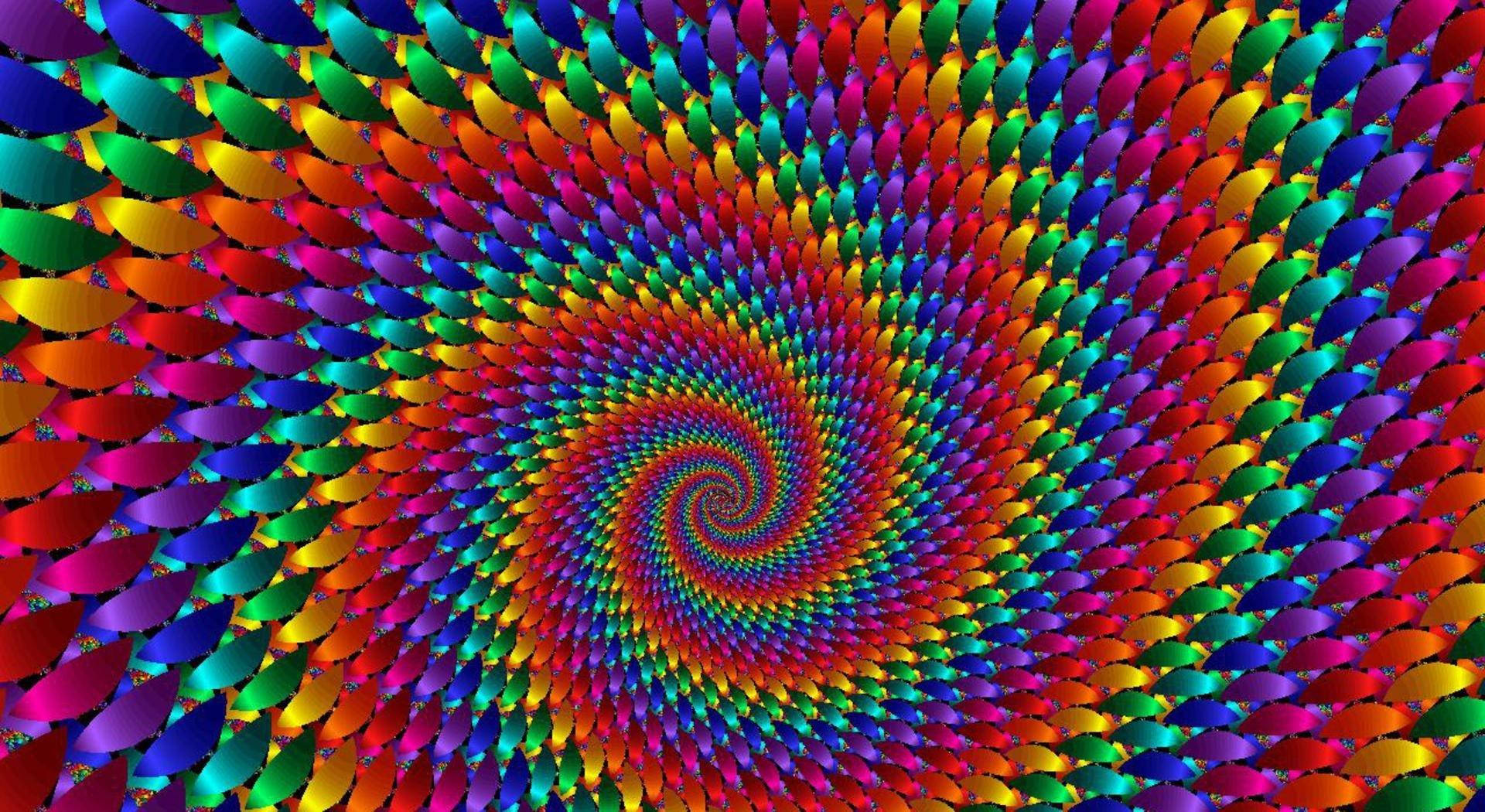 彩虹色淚滴向內匯聚的鮮豔抽象螺旋圖案。