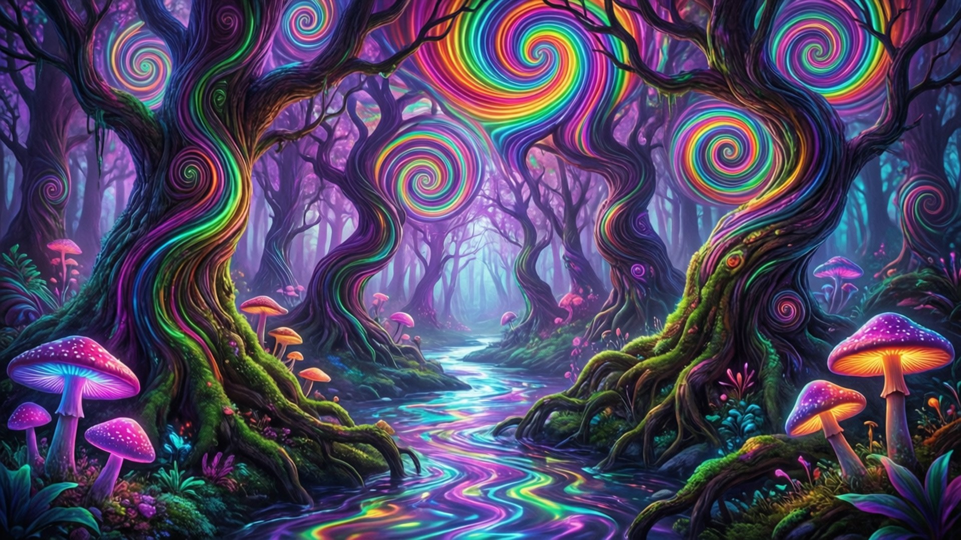 彩虹螺旋森林 壁紙 — 一個迷幻森林，有彩虹螺旋樹在紫色天空下發光，一條閃爍的小溪流過發光的蘑菇。