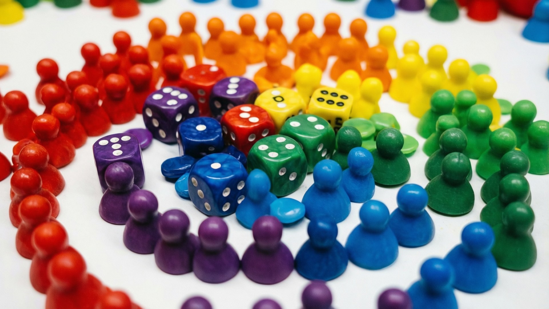 白色背景上遊戲棋子和骰子的彩虹排列。
