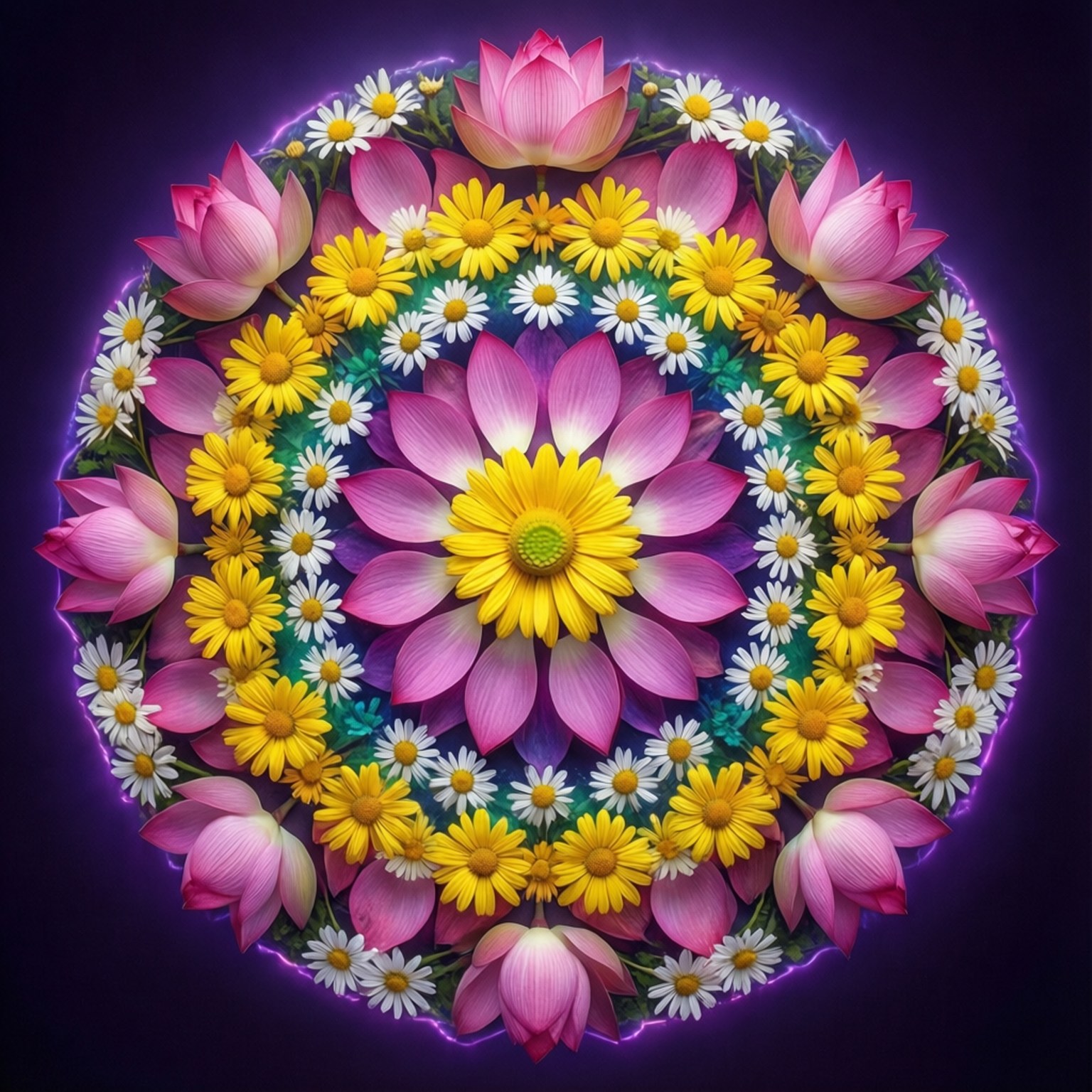 彩虹雛菊曼陀羅 壁紙 — 一個由粉紅色蓮花、黃色雛菊和白色雛菊組成的發光圓形曼陀羅，在黑暗背景下發出紫色霓虹光。