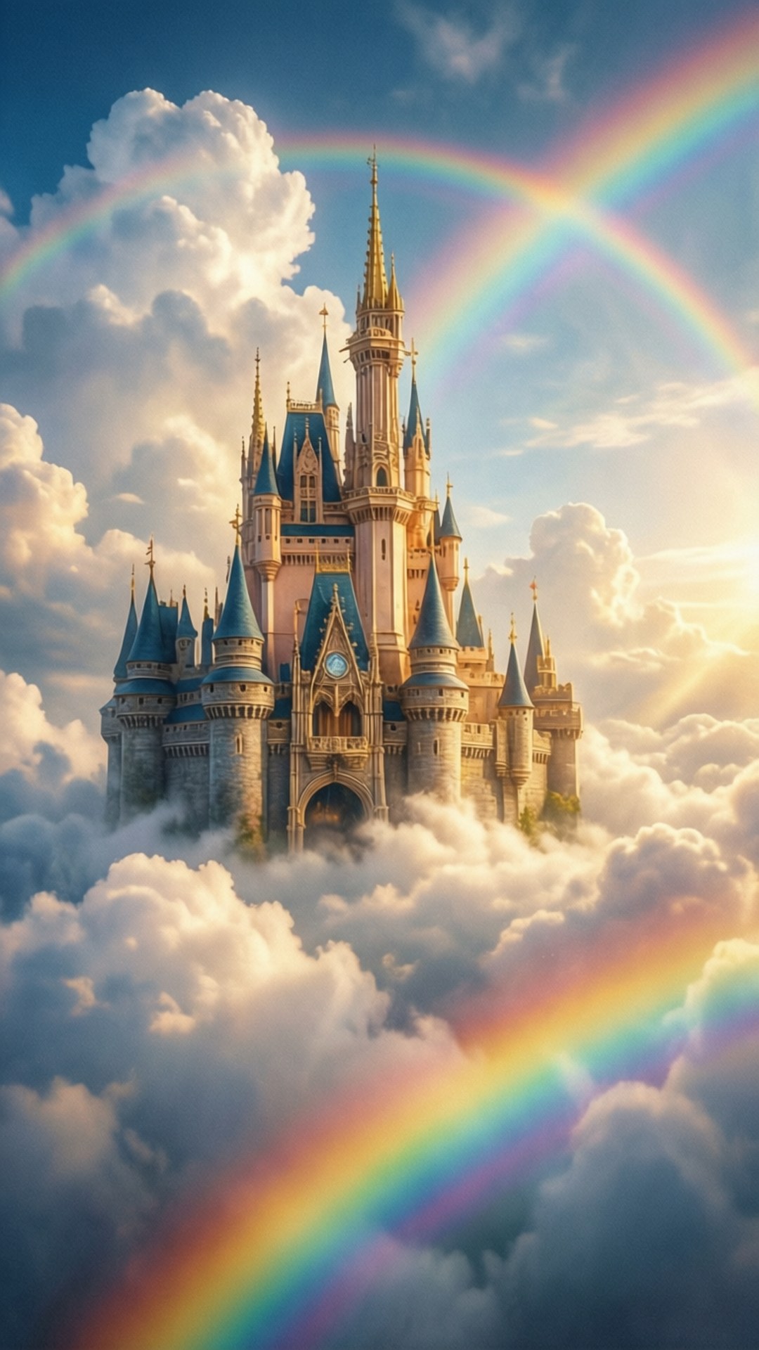 彩虹雲城堡 壁紙 — 一座宏偉的城堡，藍色尖塔聳立在蓬鬆的雲層之上，以金色天空為背景，被鮮豔的雙彩虹環繞。