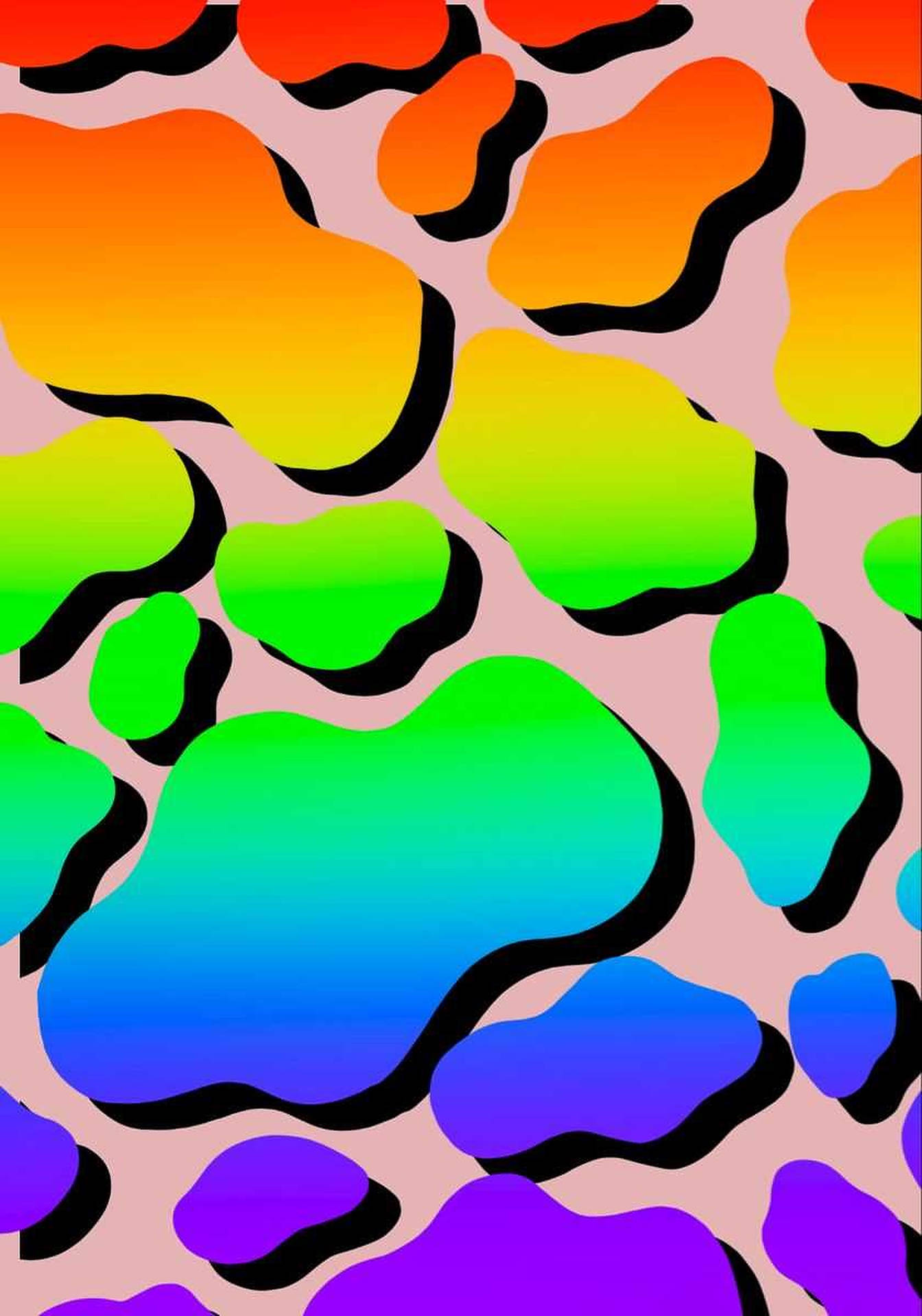 粉紅色背景上帶有黑色輪廓的抽象彩色色塊 — 牛紋 壁紙