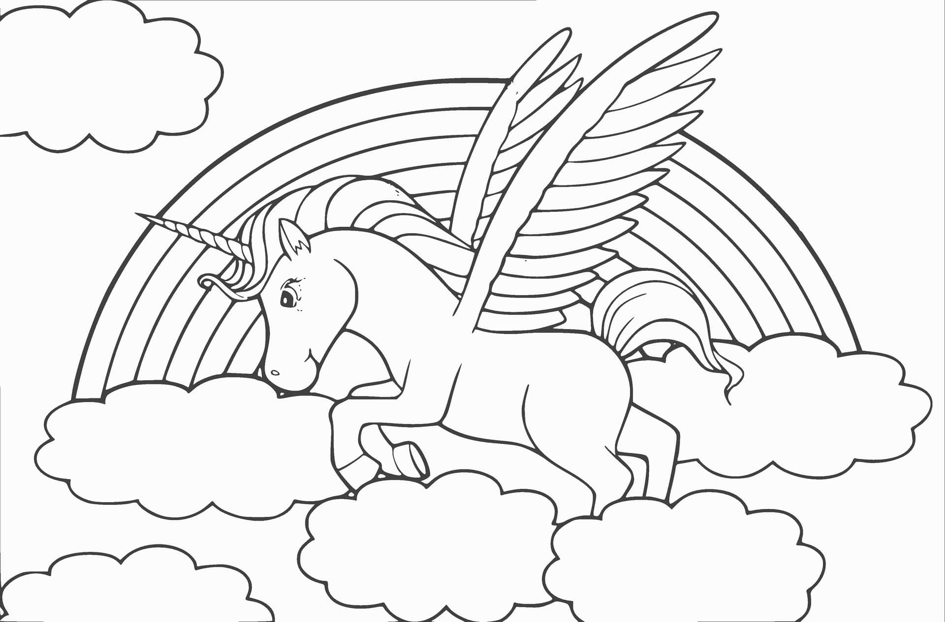 有翼獨角獸帶角在彩虹下的雲朵上休息，著色書風格。