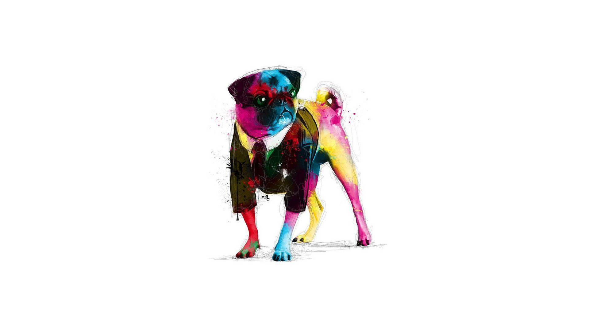 一隻色彩繽紛的水彩八哥犬，以充滿活力的抽象風格站立。