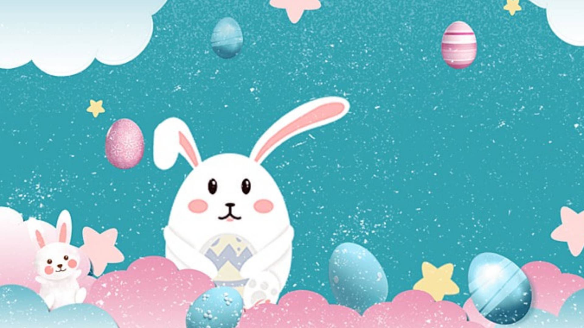 彩蛋、星星與白兔 壁紙 — 一隻可愛的白兔拿著一個有圖案的蛋，周圍漂浮著色彩繽紛的蛋和星星，背景是帶有粉紅雲朵的藍綠色天空。