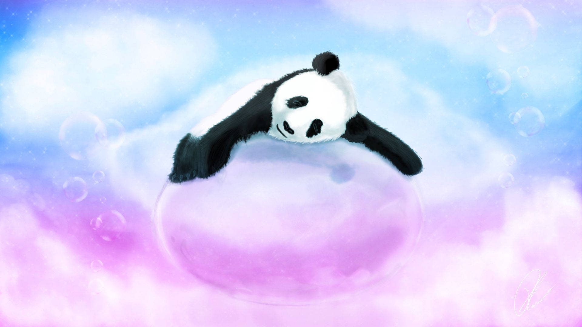 彩雲倚靠的可愛熊猫 壁紙 — 一隻可愛的熊貓在一個巨大的泡泡上平靜地休息，漂浮在粉彩雲和閃爍的泡泡之間。