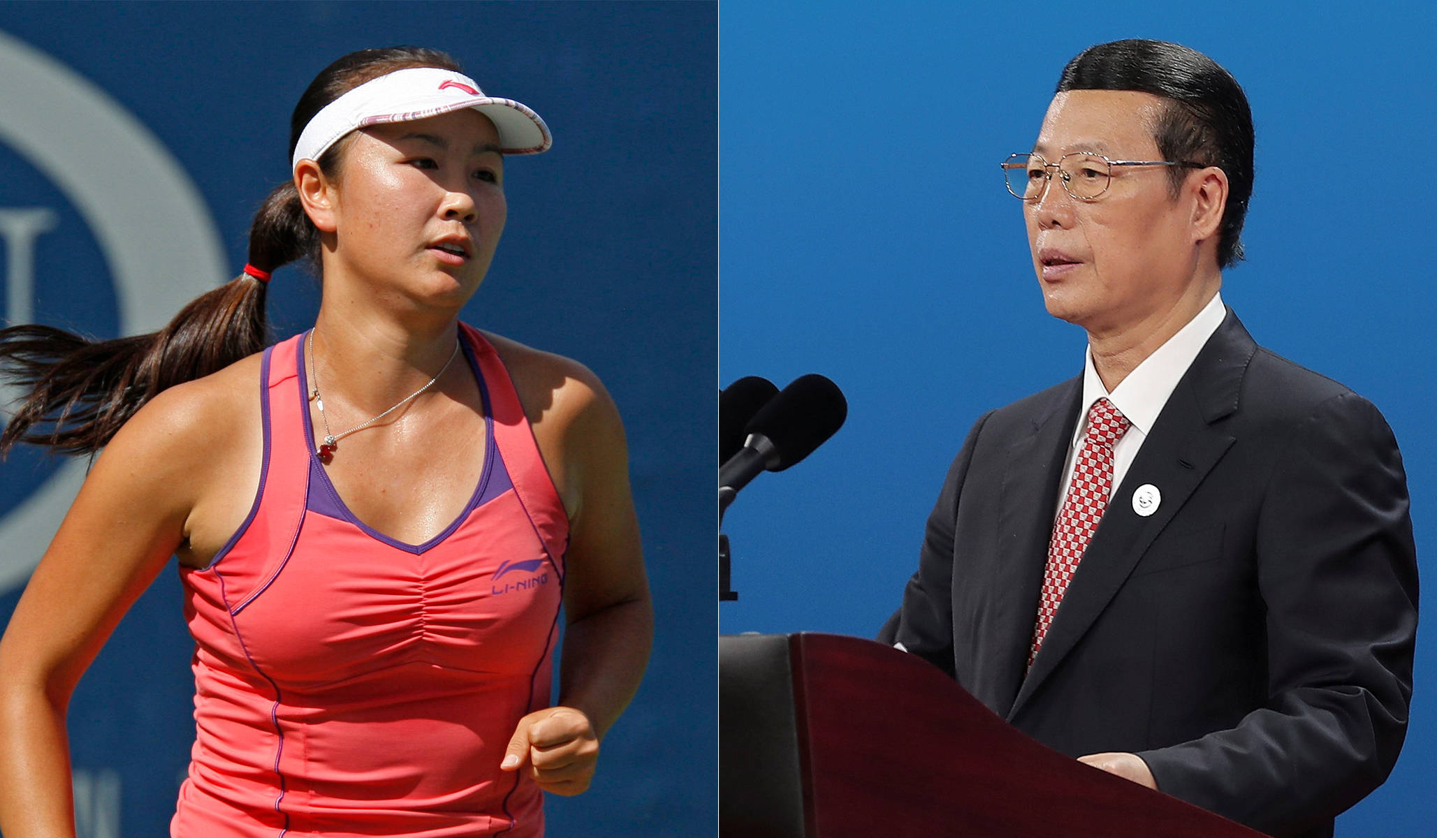 彭帥與張高麗 壁紙 — 分割畫面顯示一位正在運動的女性網球選手和一位穿著西裝的男士在講台上發言，背景為藍色。