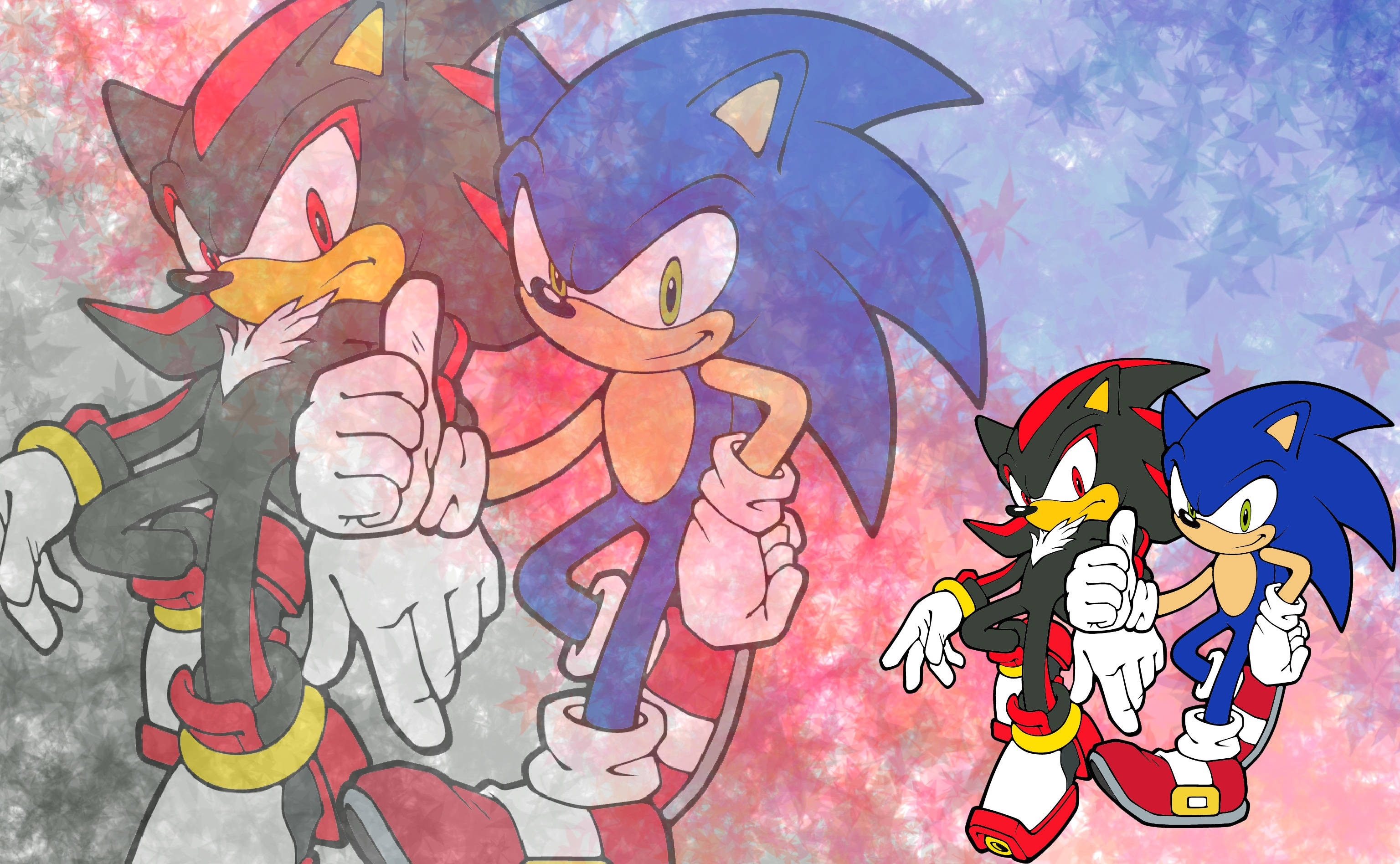 影子刺猬《索尼克大冒險2》 壁紙 — Sonic 和 Shadow 在充滿活力的粉紅色和藍色抽象背景上豎起大拇指，背景帶有星爆圖案。