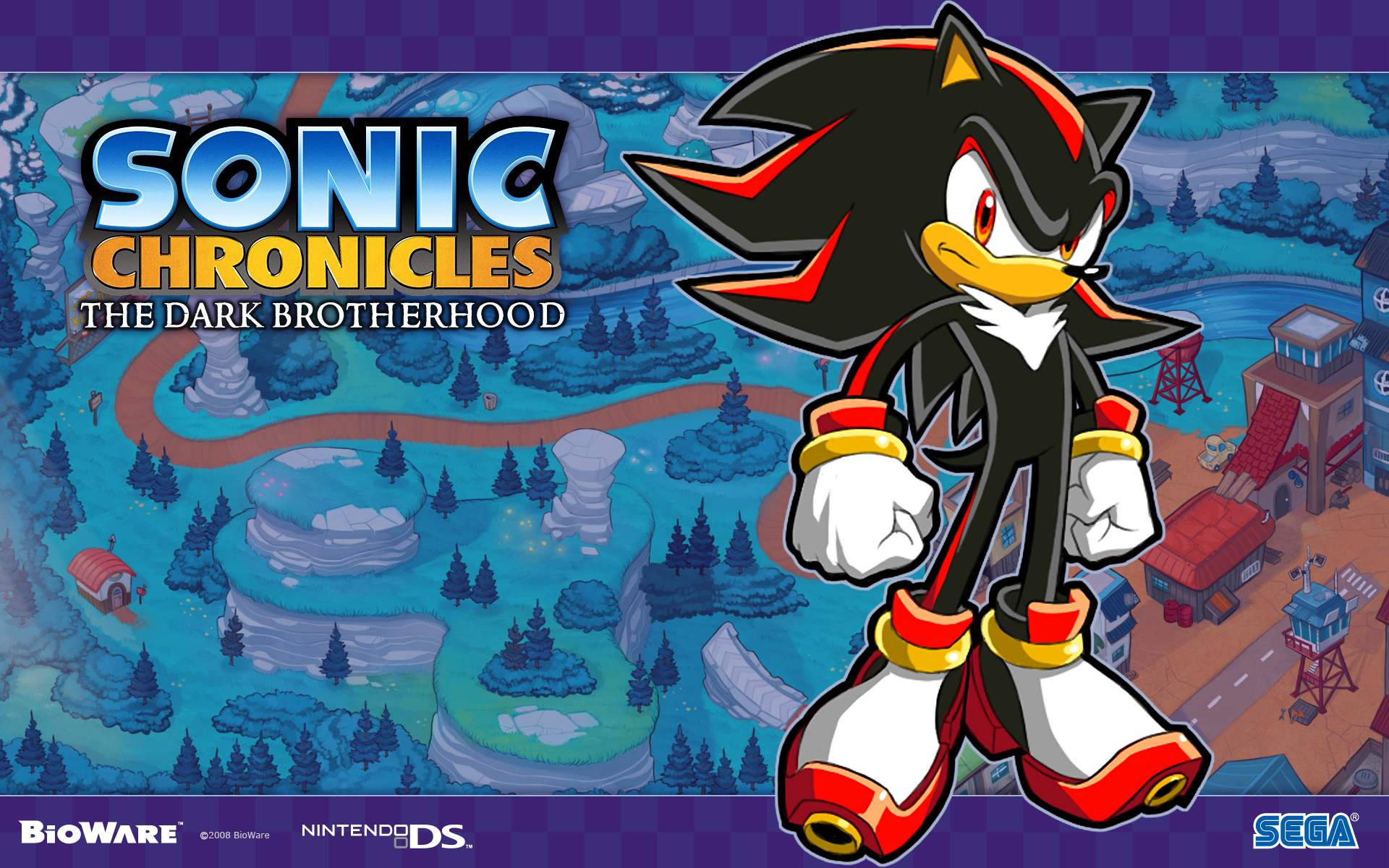 影子刺猬《黑暗兄弟會》 壁紙 — Shadow the Hedgehog 自信地站在一個充滿活力的卡通景觀中，有冰凍地形和未來主義建築，天空是棋盤格圖案。