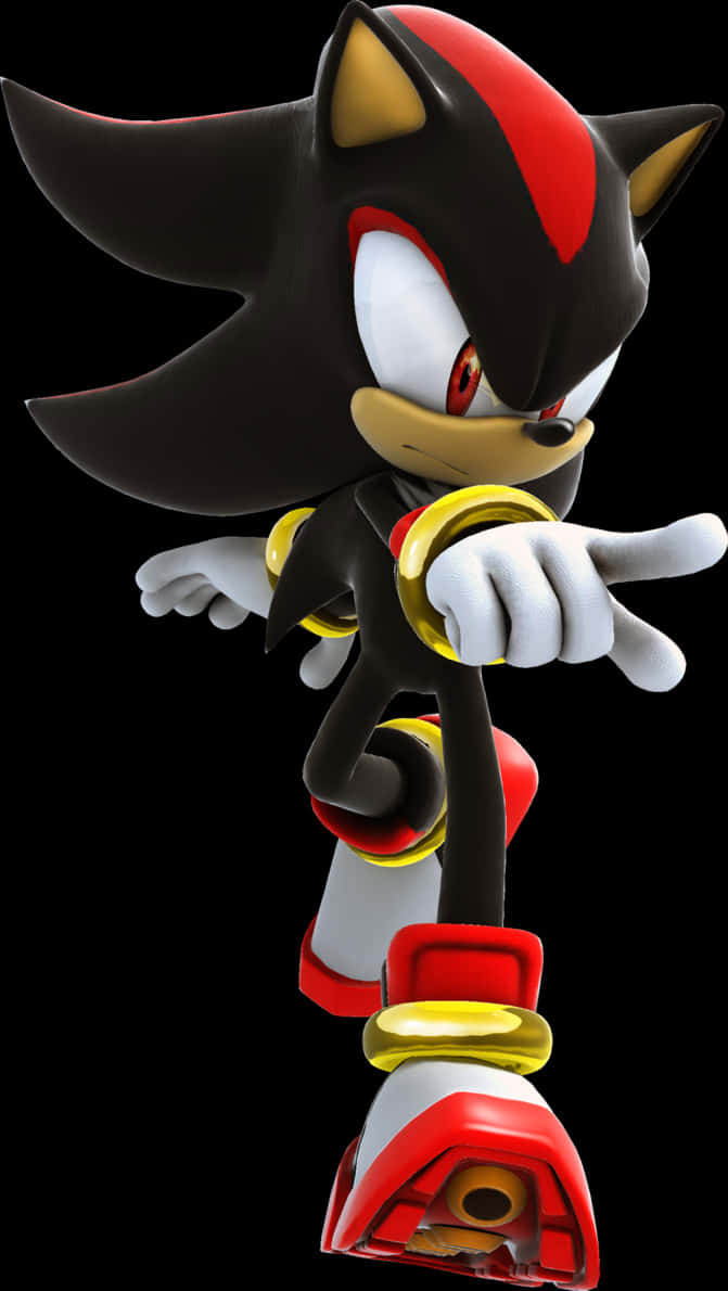 影子刺猬姿勢 壁紙 — Shadow the Hedgehog 以動感姿態站立在純黑背景前，他的紅色和金色點綴在明亮的攝影棚燈光下閃閃發光。
