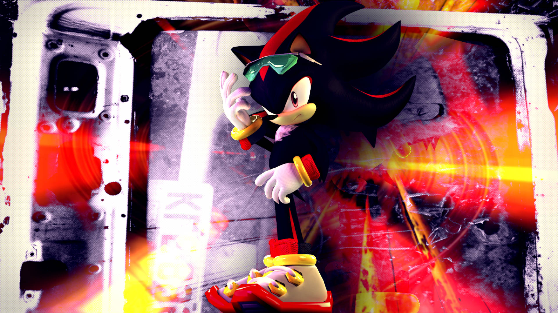 影子刺猬手持光之岩 壁紙 — Shadow the Hedgehog 站在一個粗糙的城市環境中，身後有火紅和黃色的能量爆發。