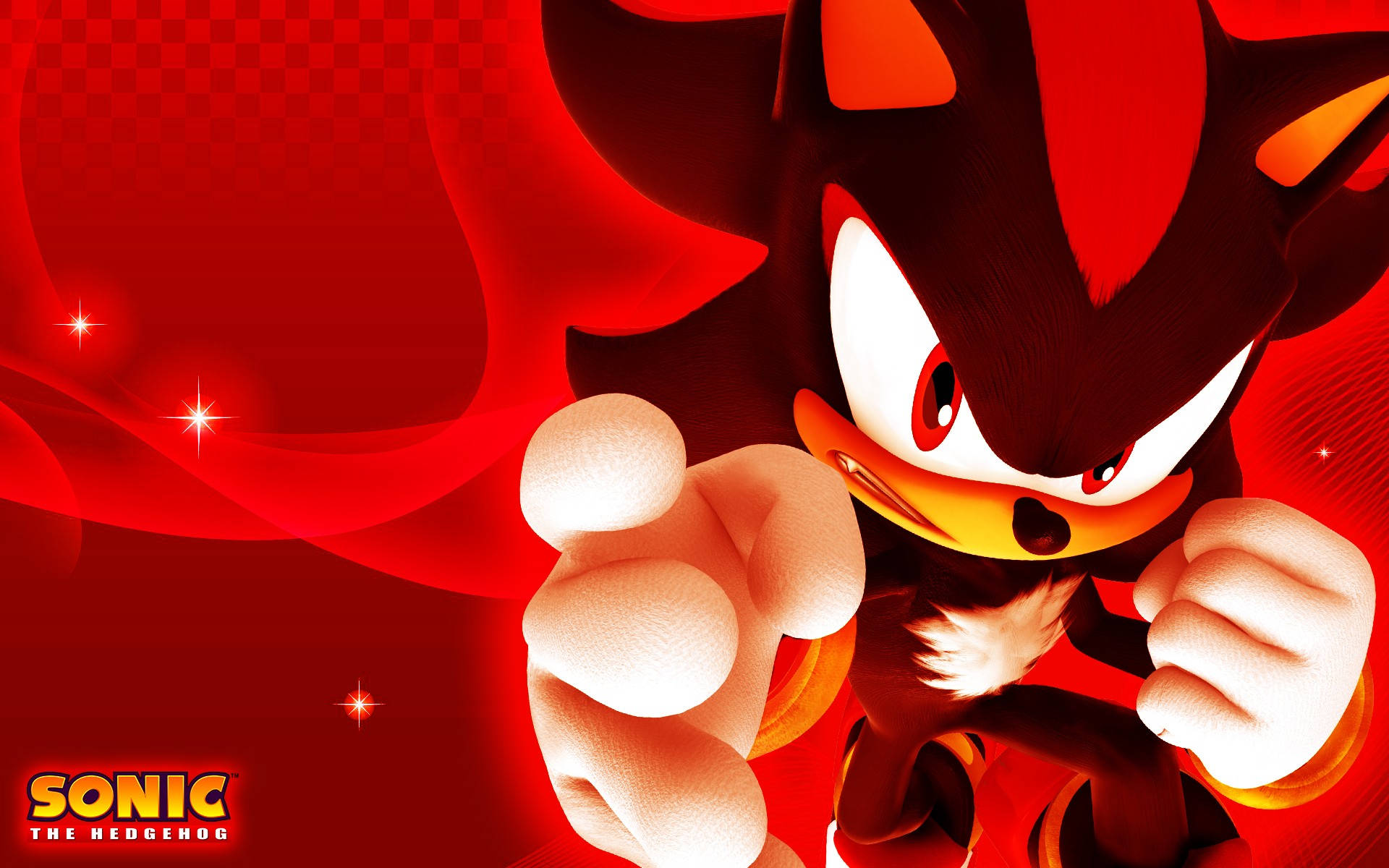 影子刺猬烈焰紅背景 壁紙 — Shadow the Hedgehog 以動感姿勢站在充滿活力的紅色背景前，背景有發光的星星。