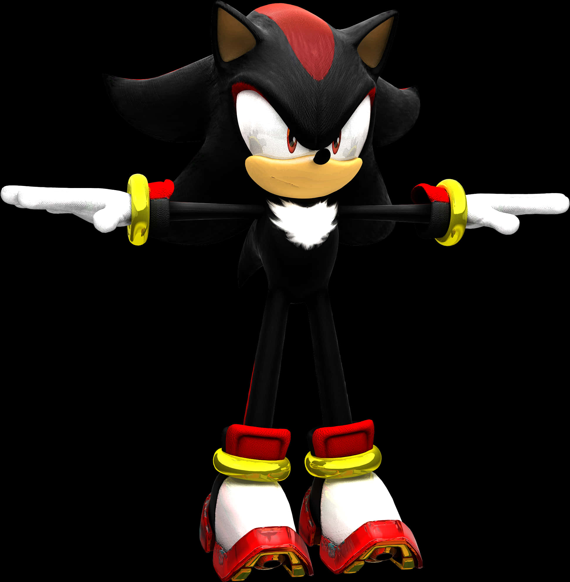 影子刺猬站立姿勢 壁紙 — Shadow the Hedgehog 自信地站在黑色背景前，雙臂張開，穿著紅、黃、白色的鞋子。
