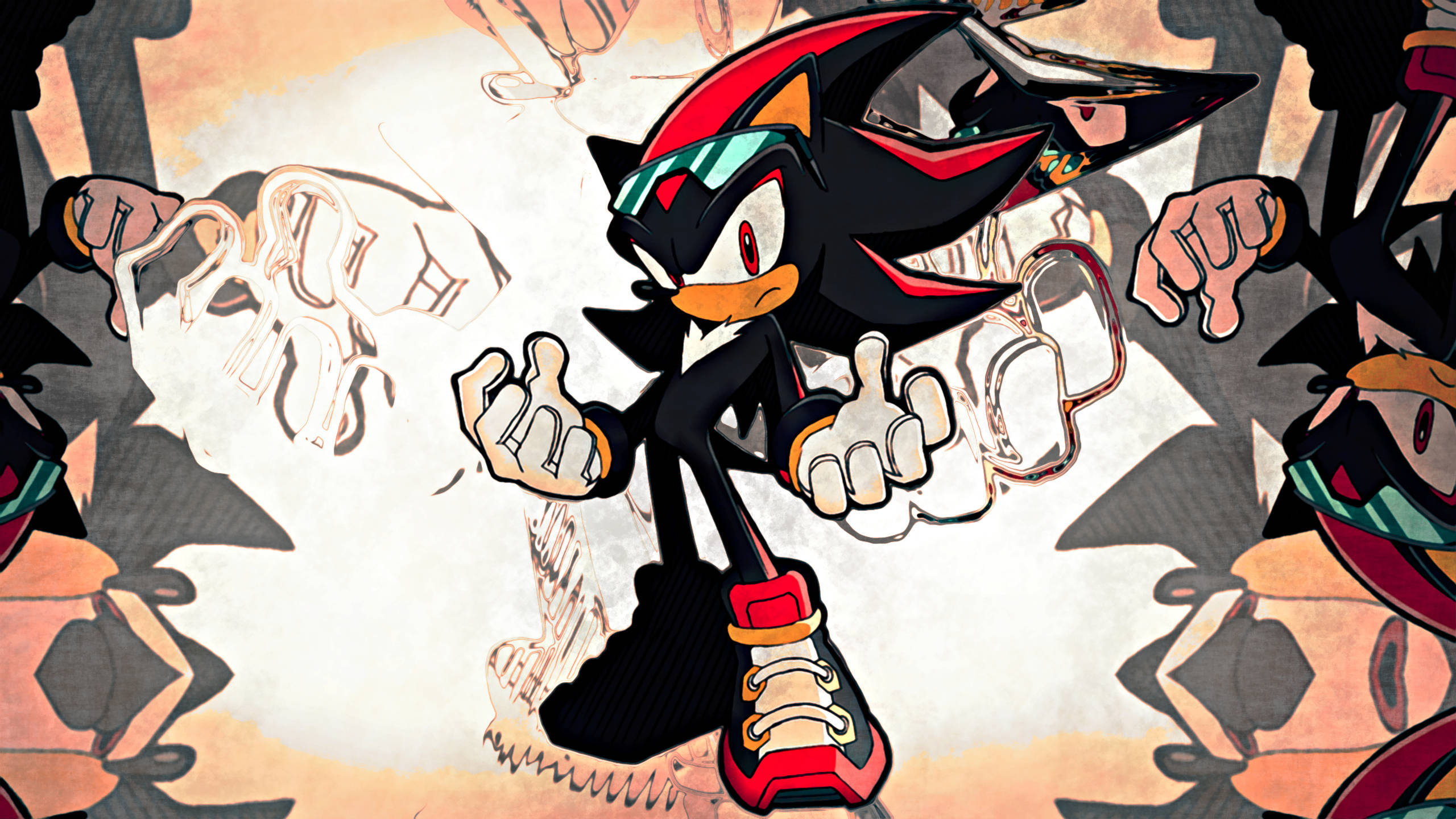 影子刺猬紅鞋凝視 壁紙 — Shadow the Hedgehog 動態地站立，拳頭緊握，背景是他自己形態的混亂草圖。