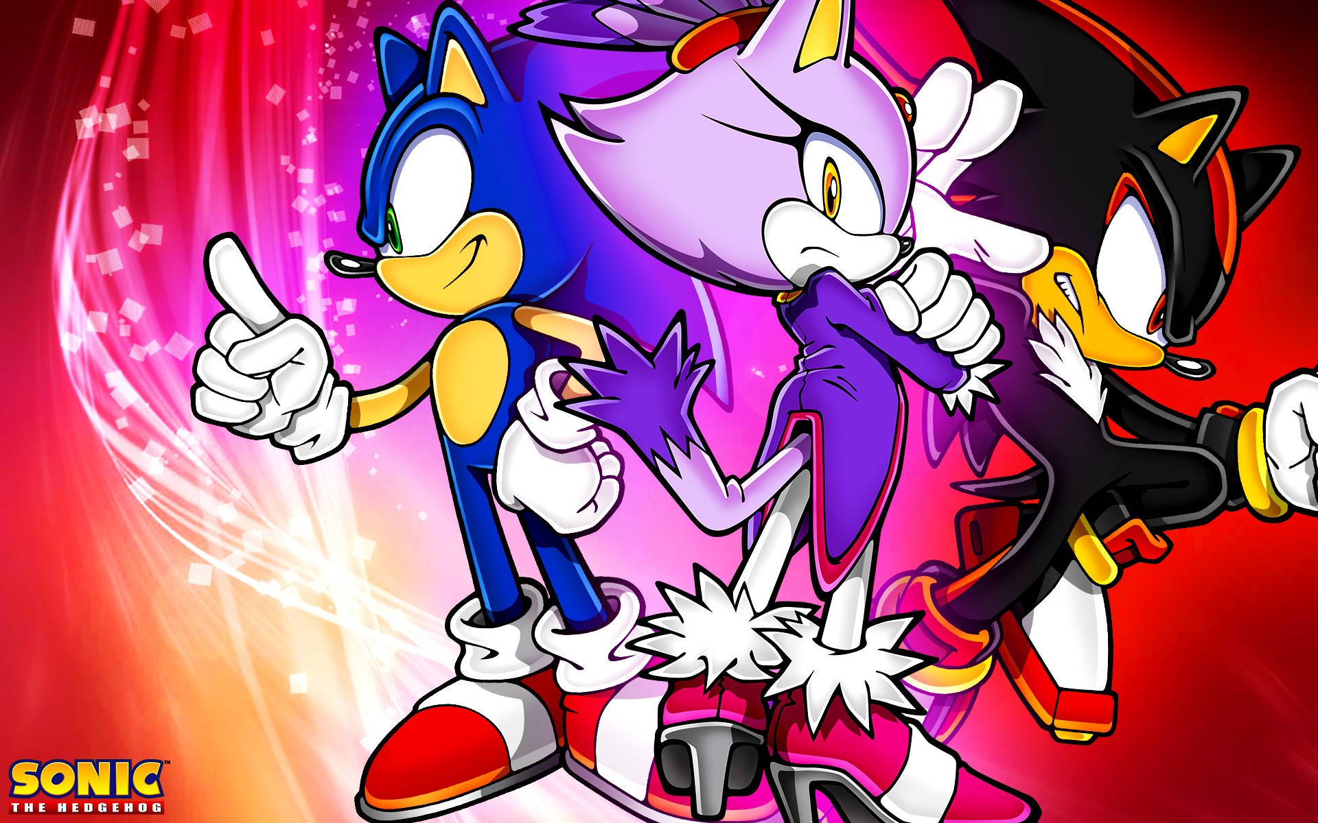 影子刺猬與索尼克及布蕾茲 壁紙 — Sonic Shadow 和 Silver the Hedgehog 在充滿活力的紅色和粉紅色能量漩渦背景前動態擺姿勢。