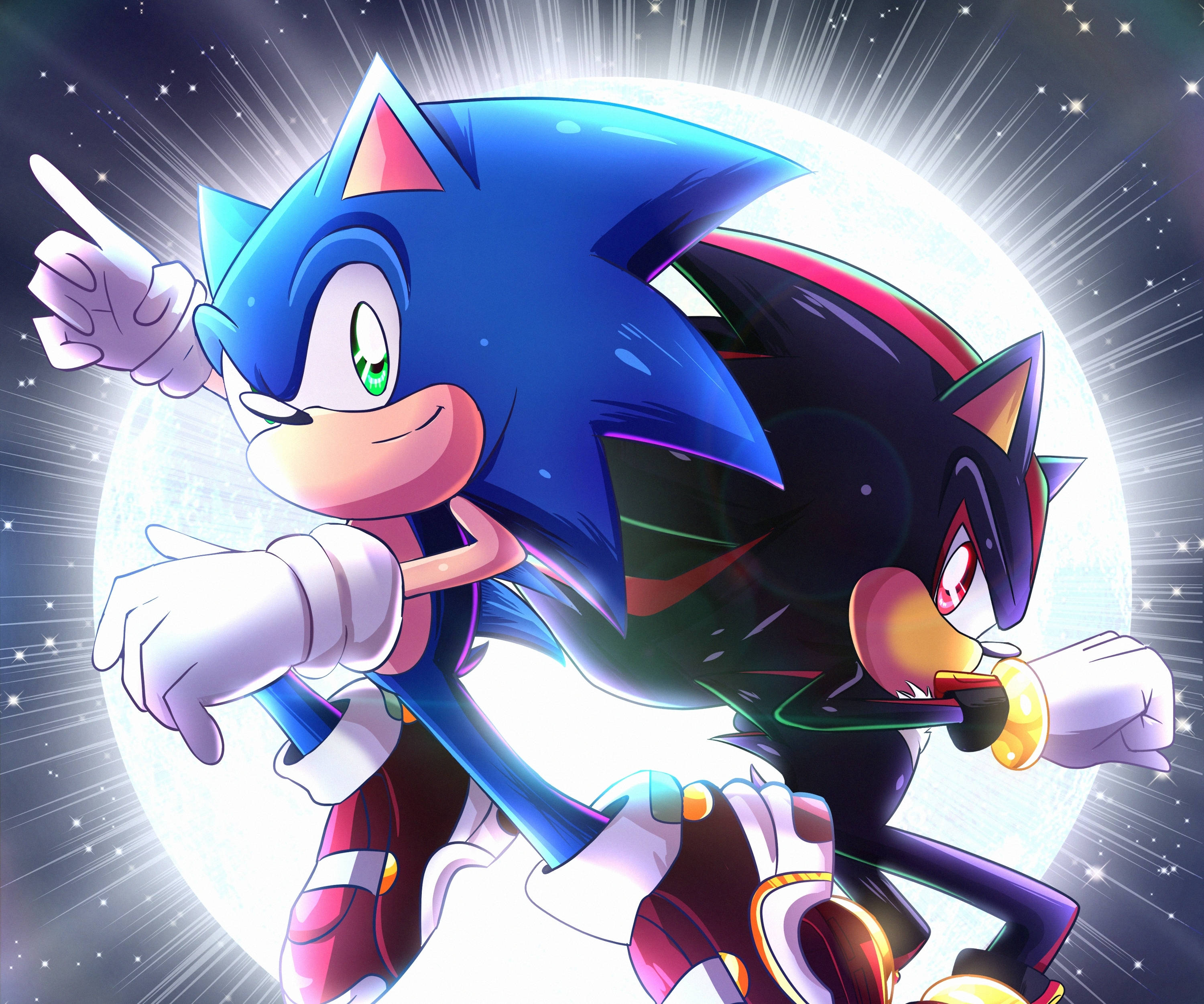 影子刺猬與索尼克背靠背 壁紙 — Sonic 和 Shadow 在發光的月亮背景下動態站立，伴隨著星爆和宇宙閃光。