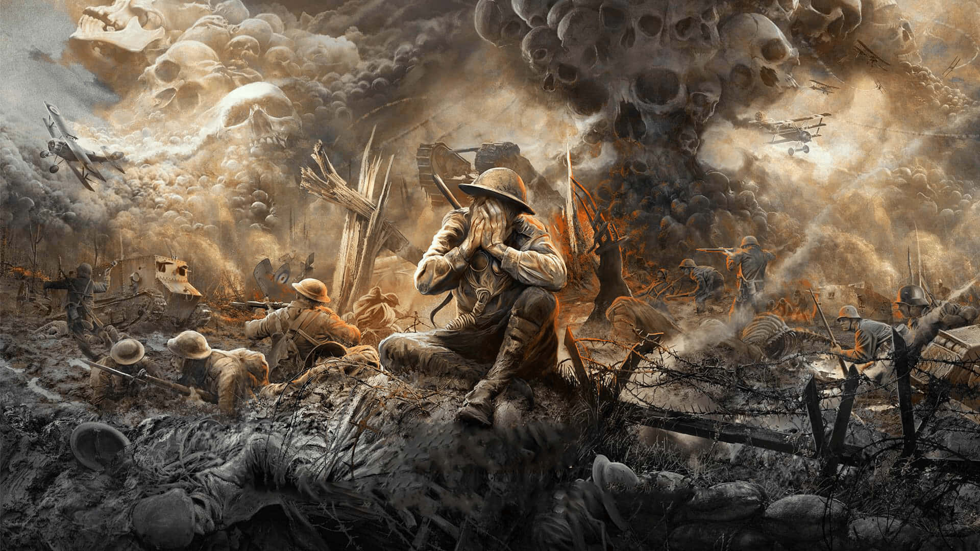 《影子戰爭》最佳背景：士兵在死亡戰場奮戰 壁紙 — 一名士兵跪在飽受戰爭蹂躪的戰壕中，頭骨從煙霧瀰漫的天空中如雨般落在有坦克和飛機的戰場上。