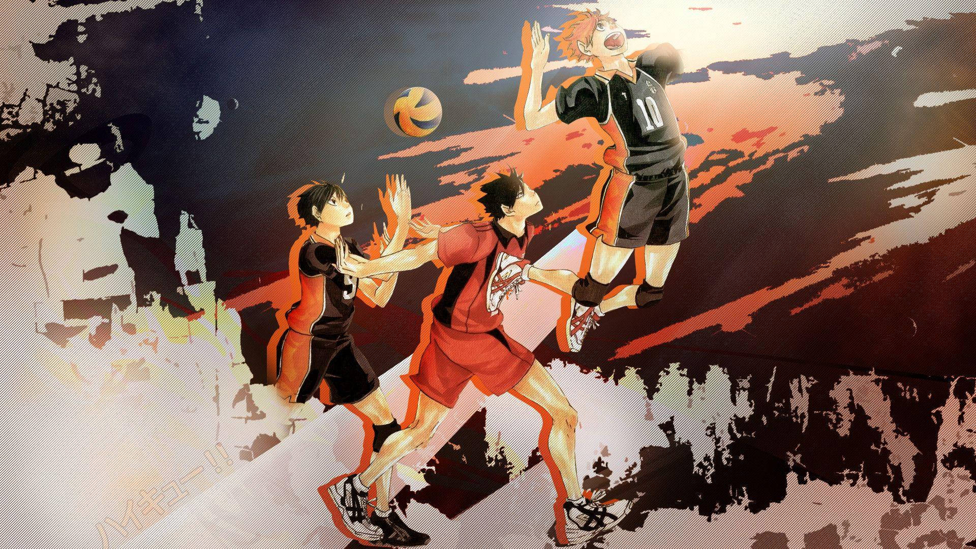 動漫排球選手在夕陽天空背景下進行激烈比賽時騰空而起。